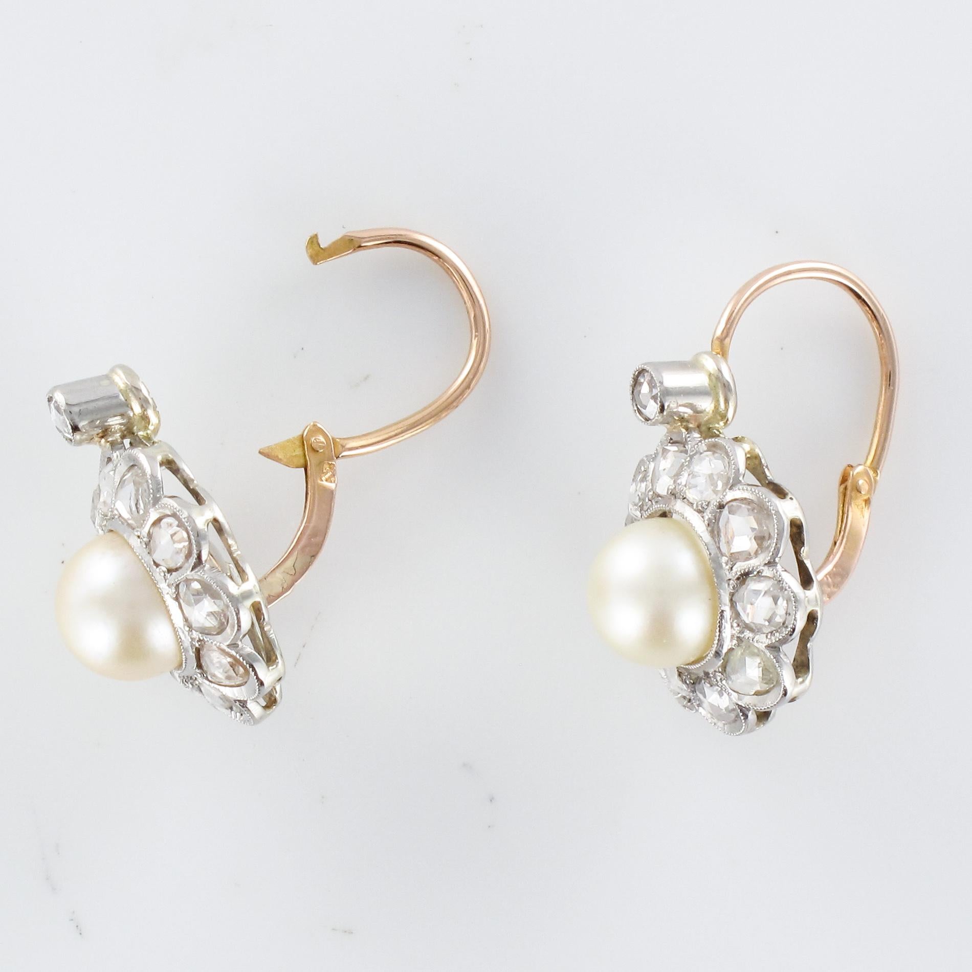 French 20th Century Diamonds Pearls 18 Karat Yellow Gold Lever, Back Earrings 3