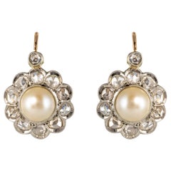 French 20th Century Diamonds Pearls 18 Karat Yellow Gold Lever, Back Earrings