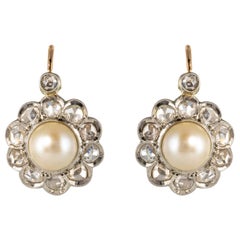French 20th Century Diamonds Pearls 18 Karat Yellow Gold Lever, Back Earrings