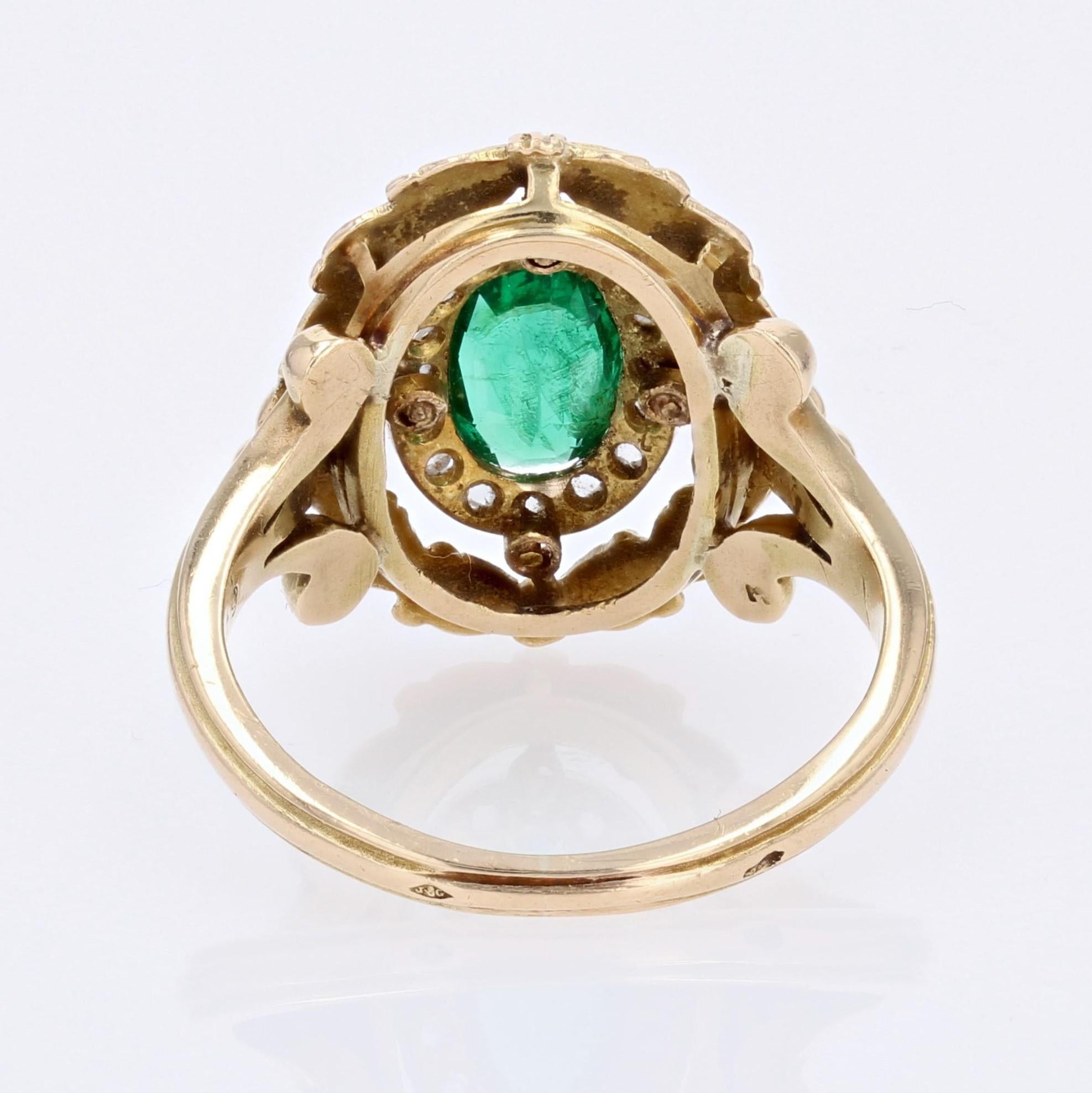 French 20th Century Emerald Diamonds 18 Karat Yellow Gold Ring For Sale 8
