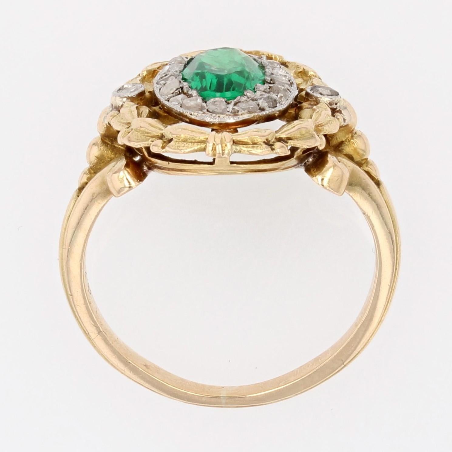 French 20th Century Emerald Diamonds 18 Karat Yellow Gold Ring For Sale 9