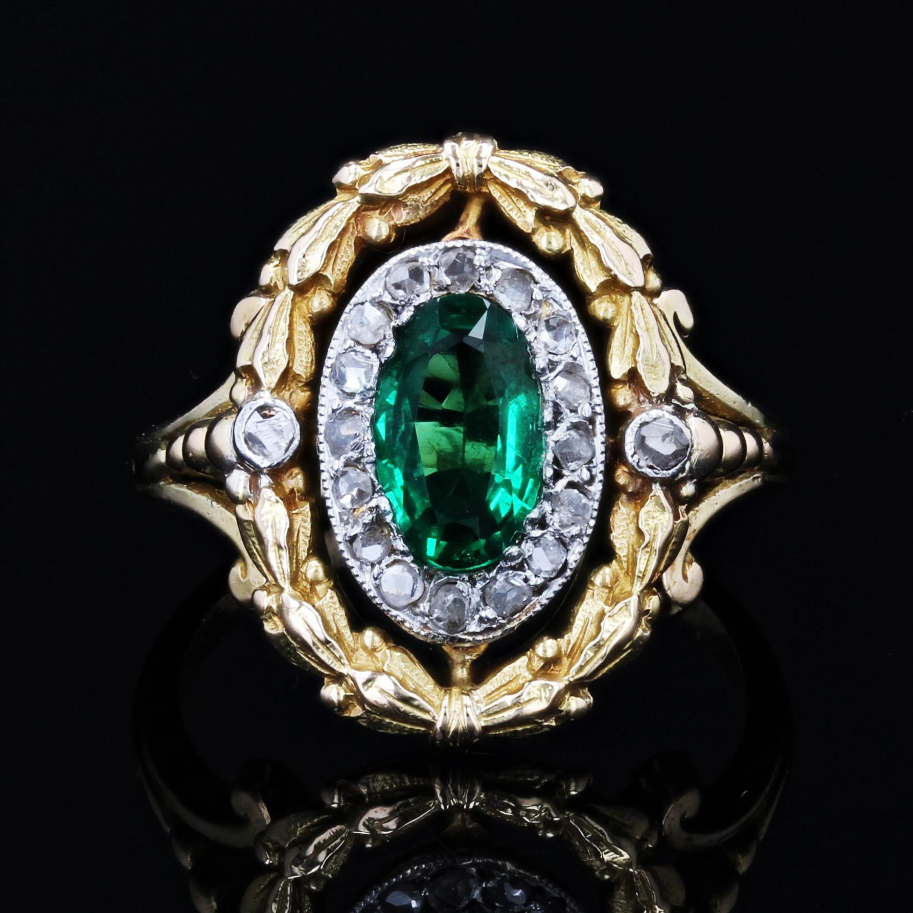 Oval Cut French 20th Century Emerald Diamonds 18 Karat Yellow Gold Ring For Sale