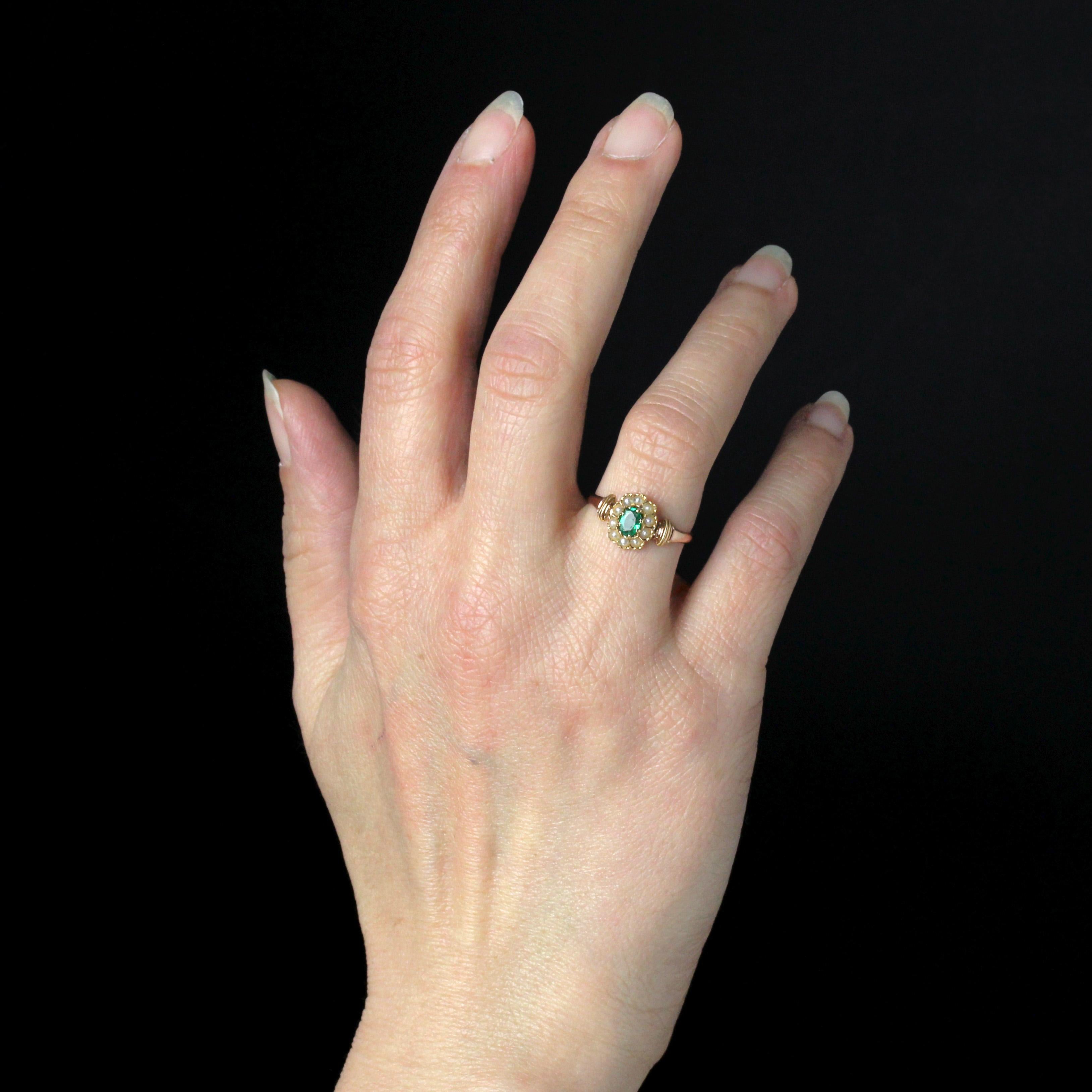 Oval Cut French 20th Century Emerald Fine Pearls 18 Karat Rose Gold Daisy Ring