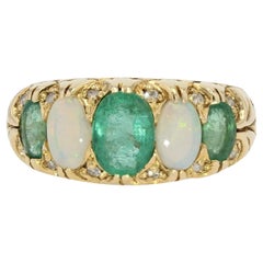 Antique French 20th Century Emerald Opal Diamond 18 Karat Yellow Gold Garter Ring