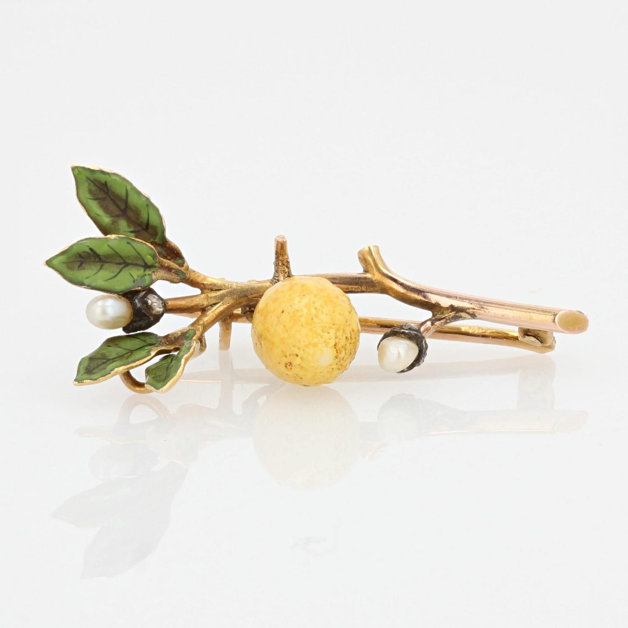 Rose Cut French 20th Century Enamel Natural Pearl Diamond 18 Karat Gold Lemon Brooch For Sale