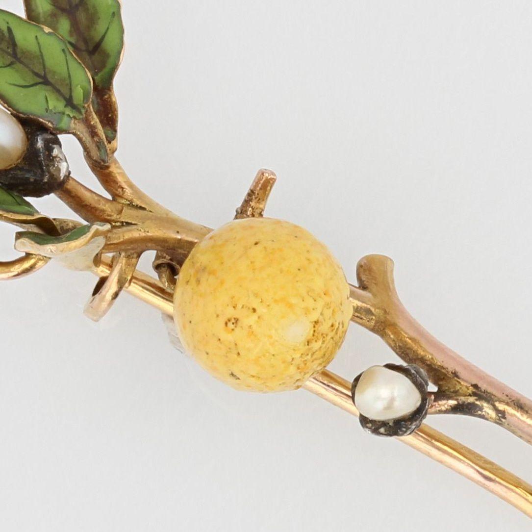 French 20th Century Enamel Natural Pearl Diamond 18 Karat Gold Lemon Brooch In Good Condition For Sale In Poitiers, FR