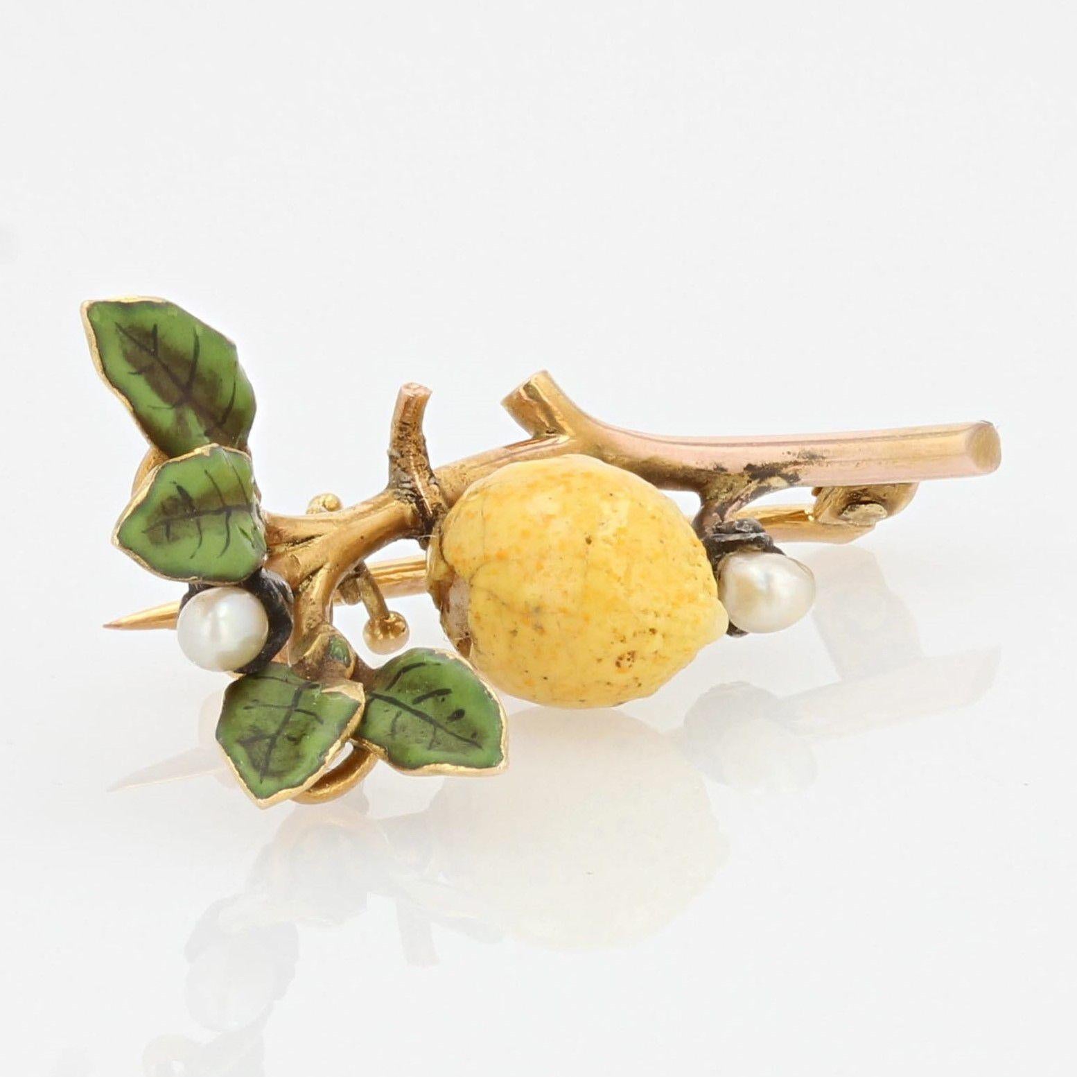 French 20th Century Enamel Natural Pearl Diamond 18 Karat Gold Lemon Brooch For Sale 1