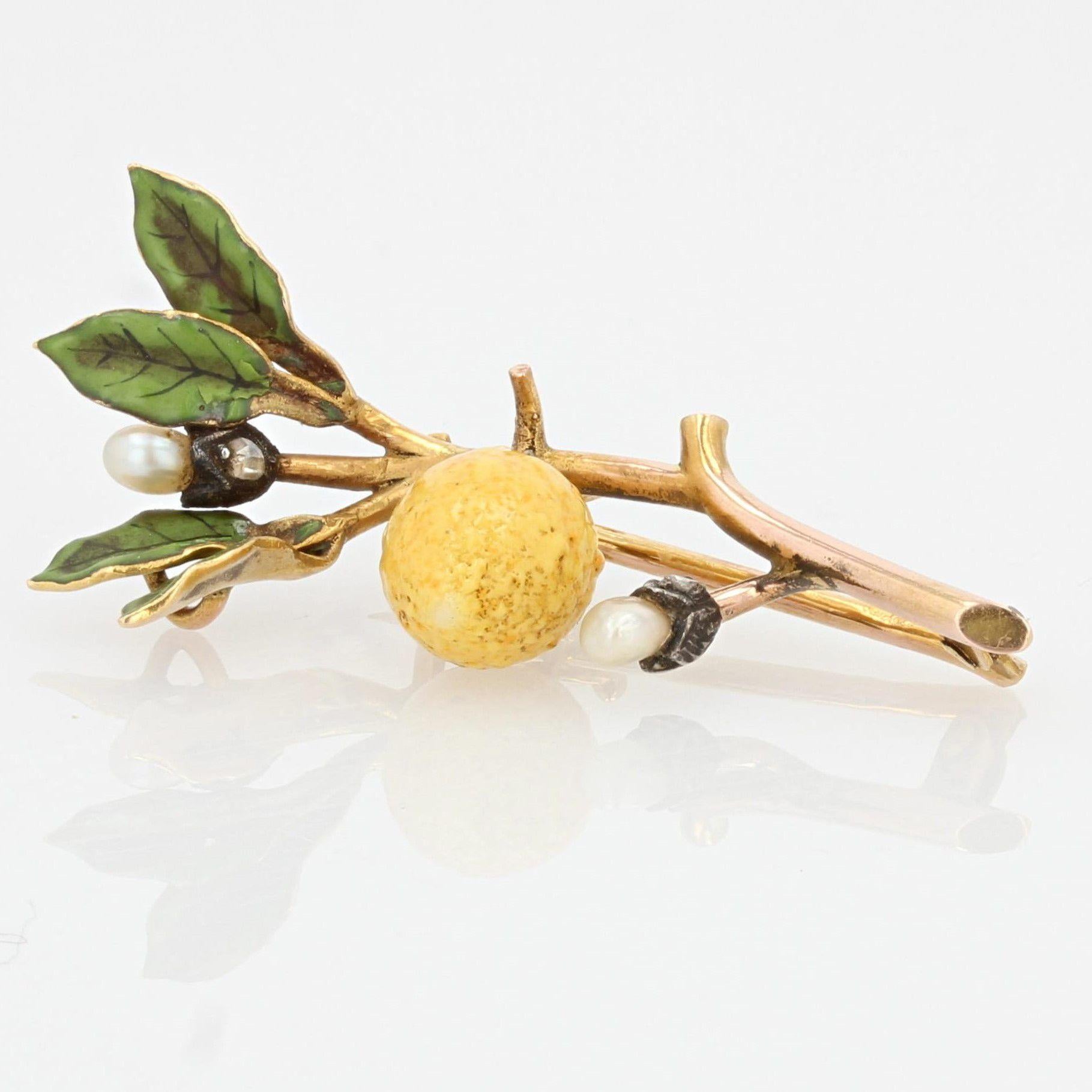 French 20th Century Enamel Natural Pearl Diamond 18 Karat Gold Lemon Brooch For Sale 2