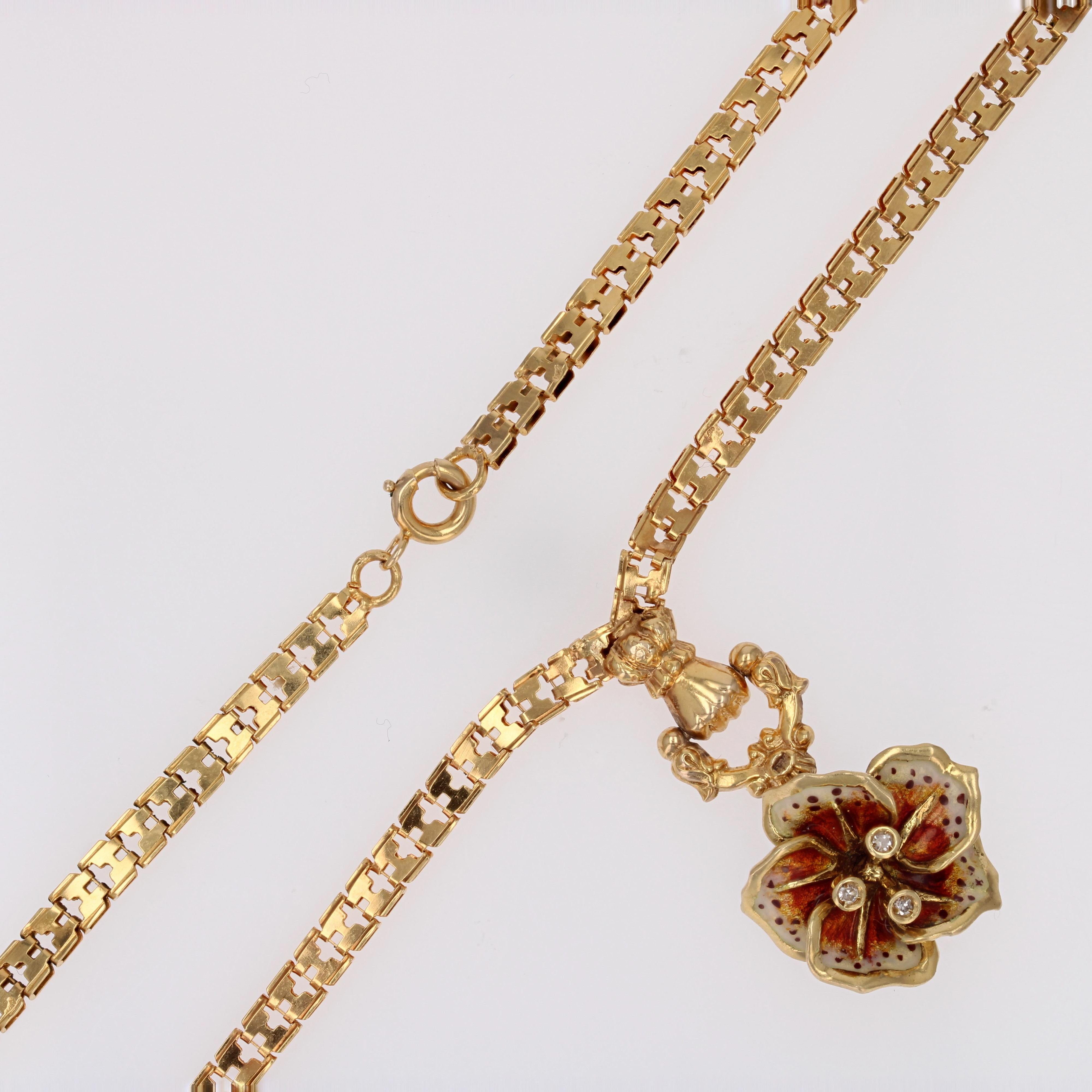 French 20th Century Enamelled Diamond Flower 18 Karat Yellow Gold Necklace 10