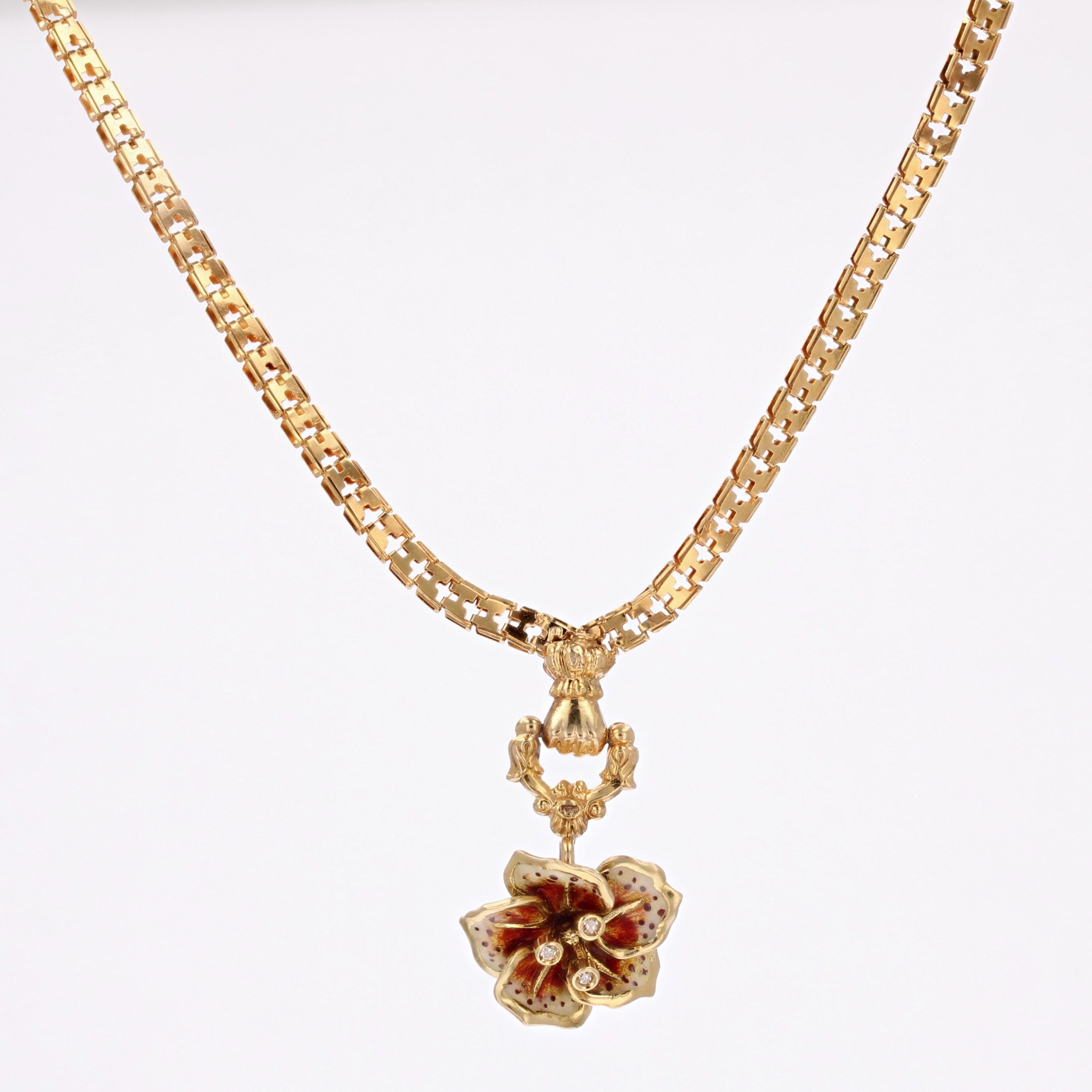 French 20th Century Enamelled Diamond Flower 18 Karat Yellow Gold Necklace In Good Condition In Poitiers, FR