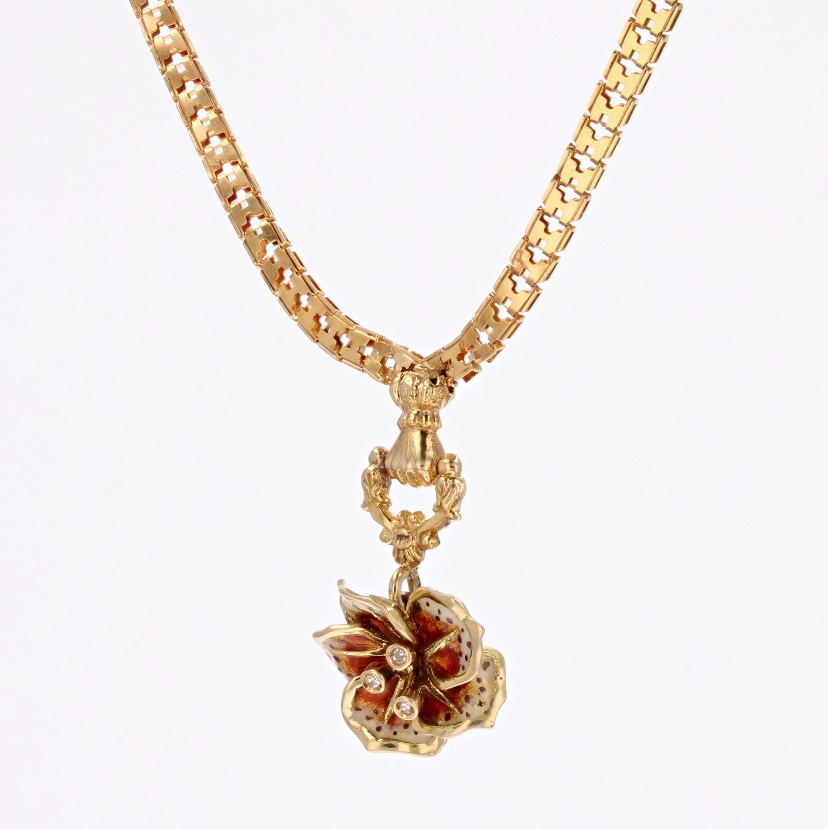 French 20th Century Enamelled Diamond Flower 18 Karat Yellow Gold Necklace 1