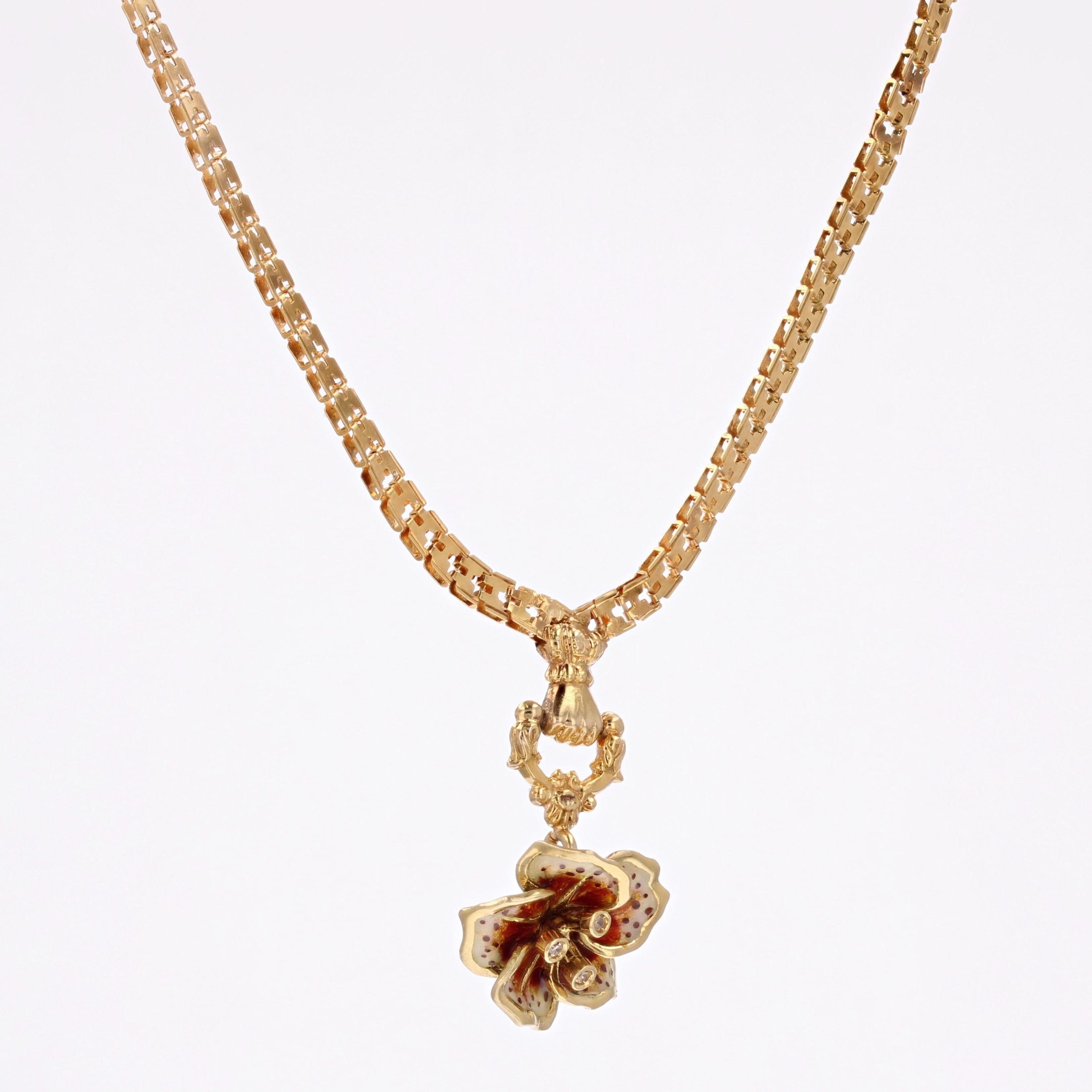 French 20th Century Enamelled Diamond Flower 18 Karat Yellow Gold Necklace 2