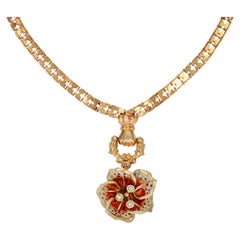 French 20th Century Enamelled Diamond Flower 18 Karat Yellow Gold Necklace