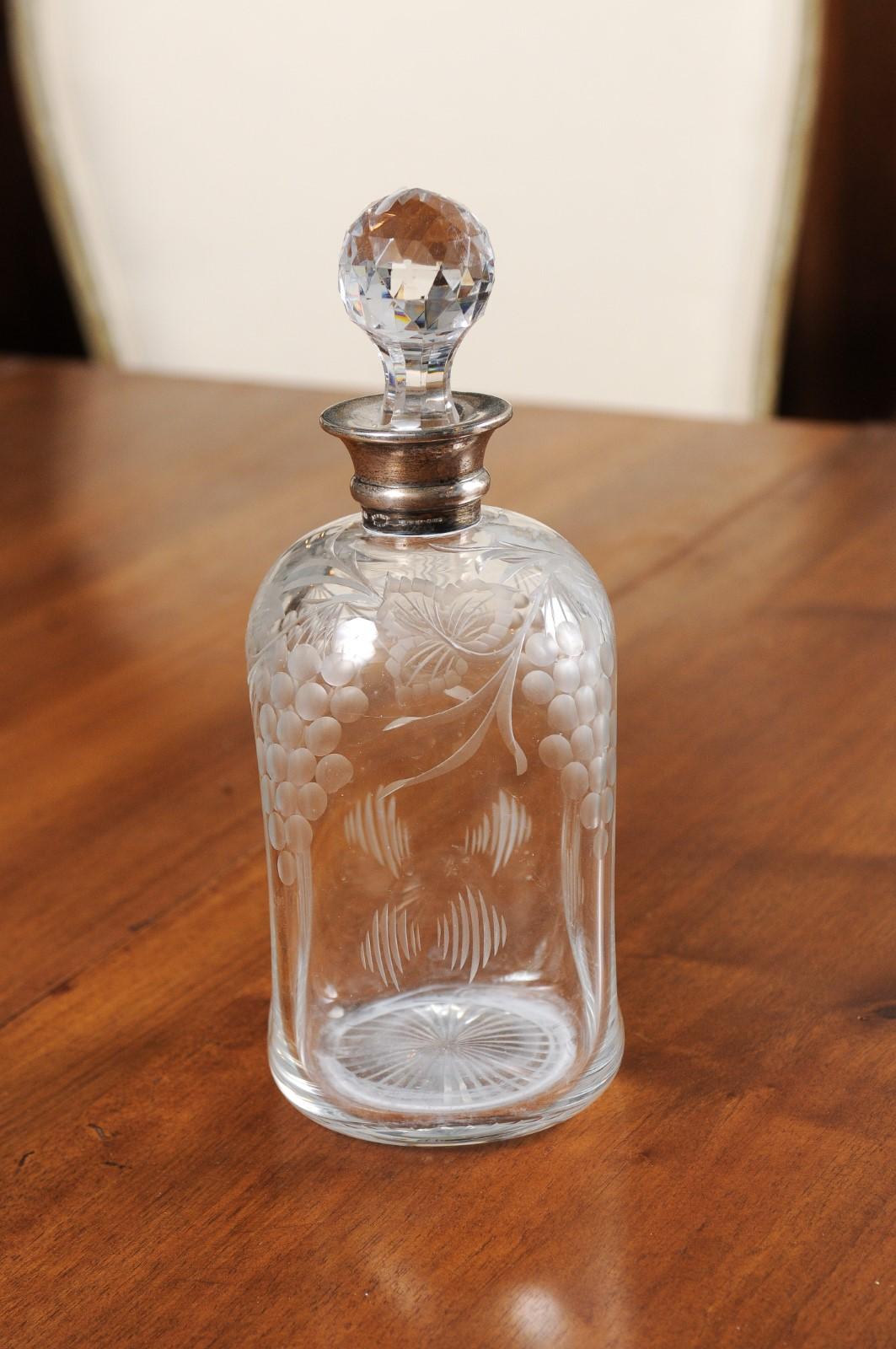 Silver French 20th Century Etched Glass Decanter with Crystal Stopper and Grape Motifs