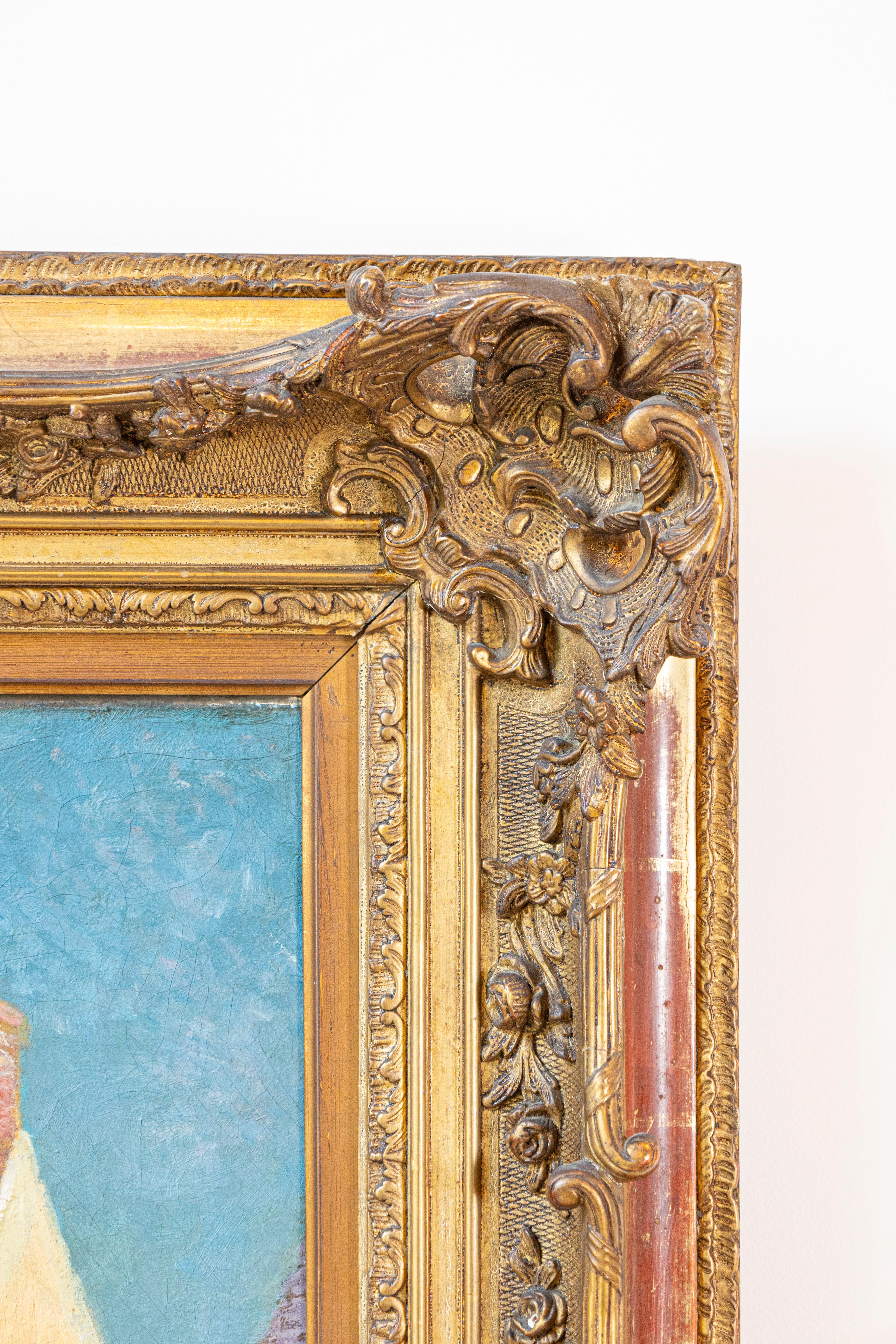 Canvas French 20th Century Farmyard Scene by H. Greilschmez in Carved Giltwood Frame For Sale