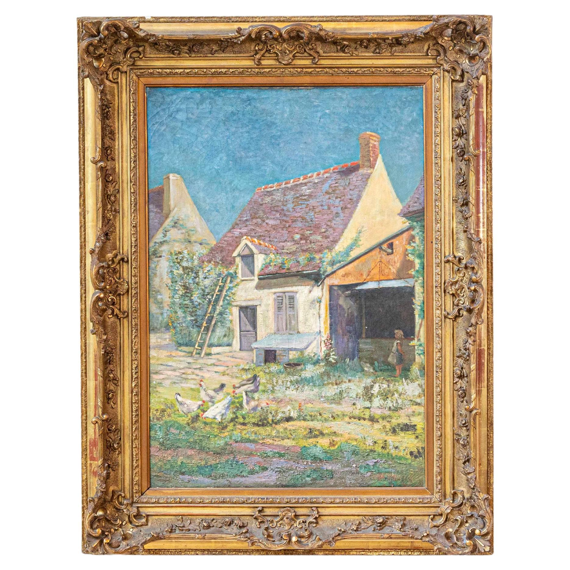 French 20th Century Farmyard Scene by H. Greilschmez in Carved Giltwood Frame For Sale
