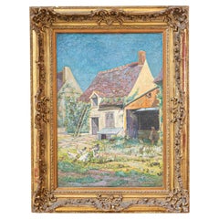 Escena de corral francesa del siglo XX de H. Greilschmez en marco de madera dorada tallada