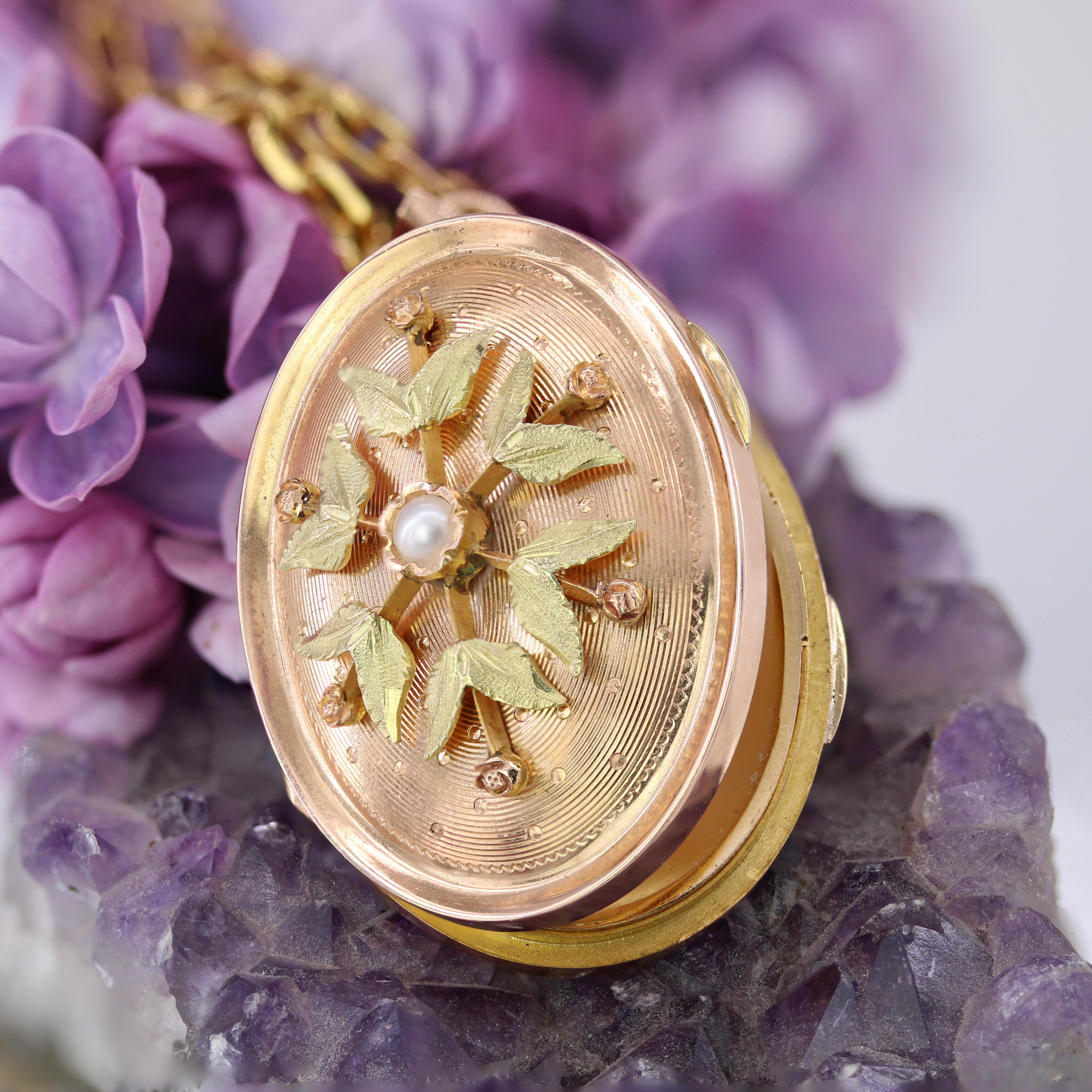 Pendentif ovale en or rose vert 18 carats avec perles fines du 20ème siècle en vente 1