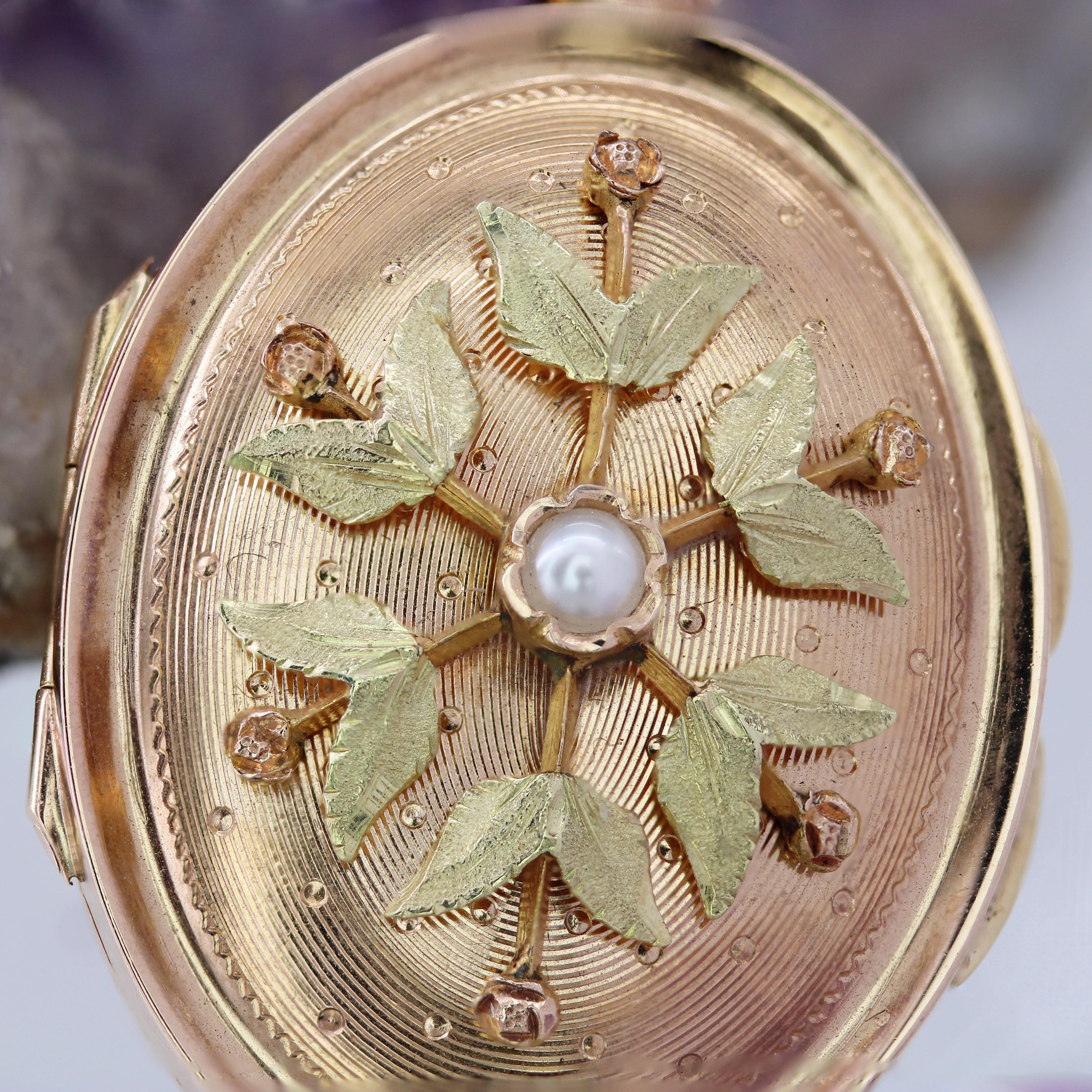 Pendentif ovale en or rose vert 18 carats avec perles fines du 20ème siècle en vente 2