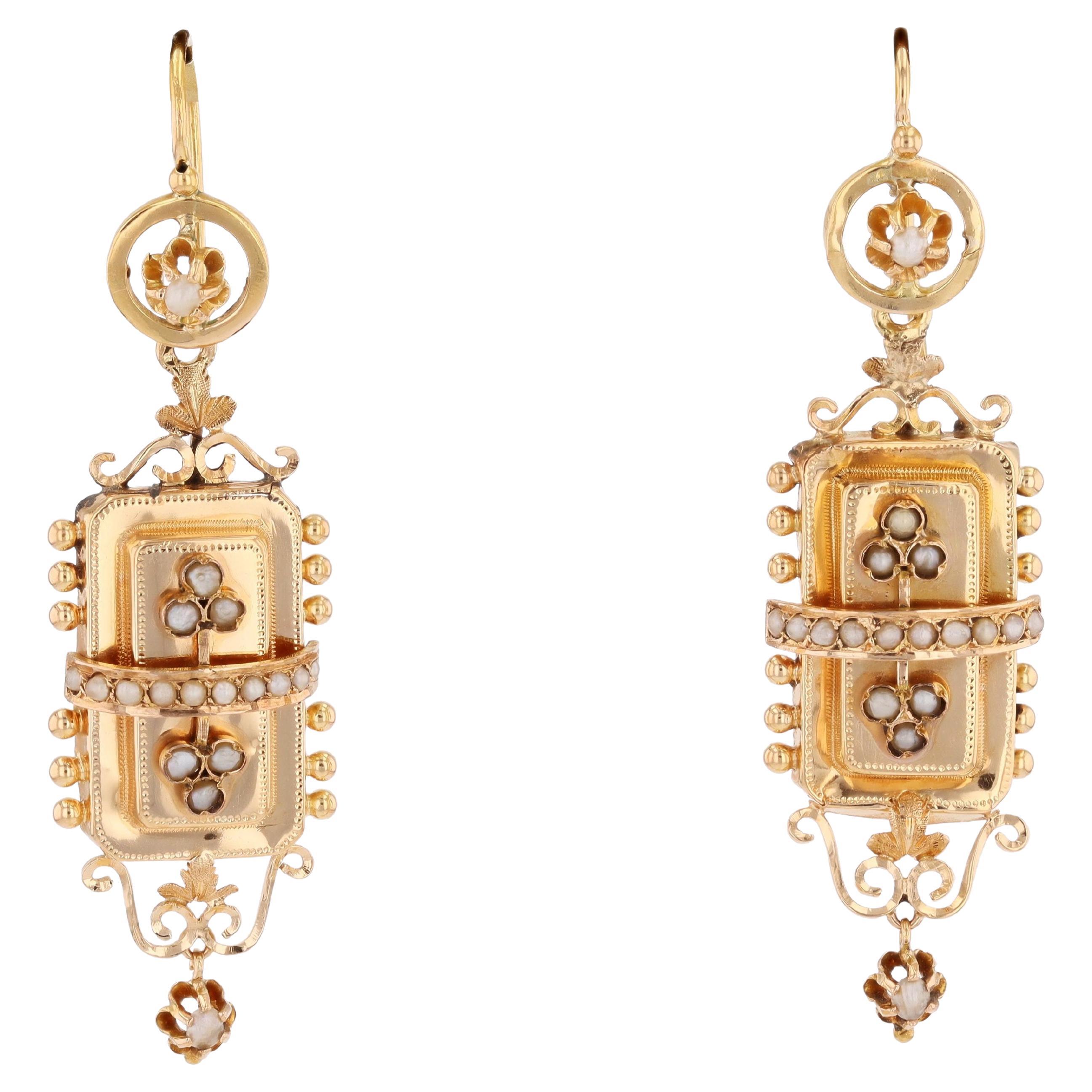 Orecchini pendenti in oro rosa 18 carati con perle fini del XX secolo francese in vendita