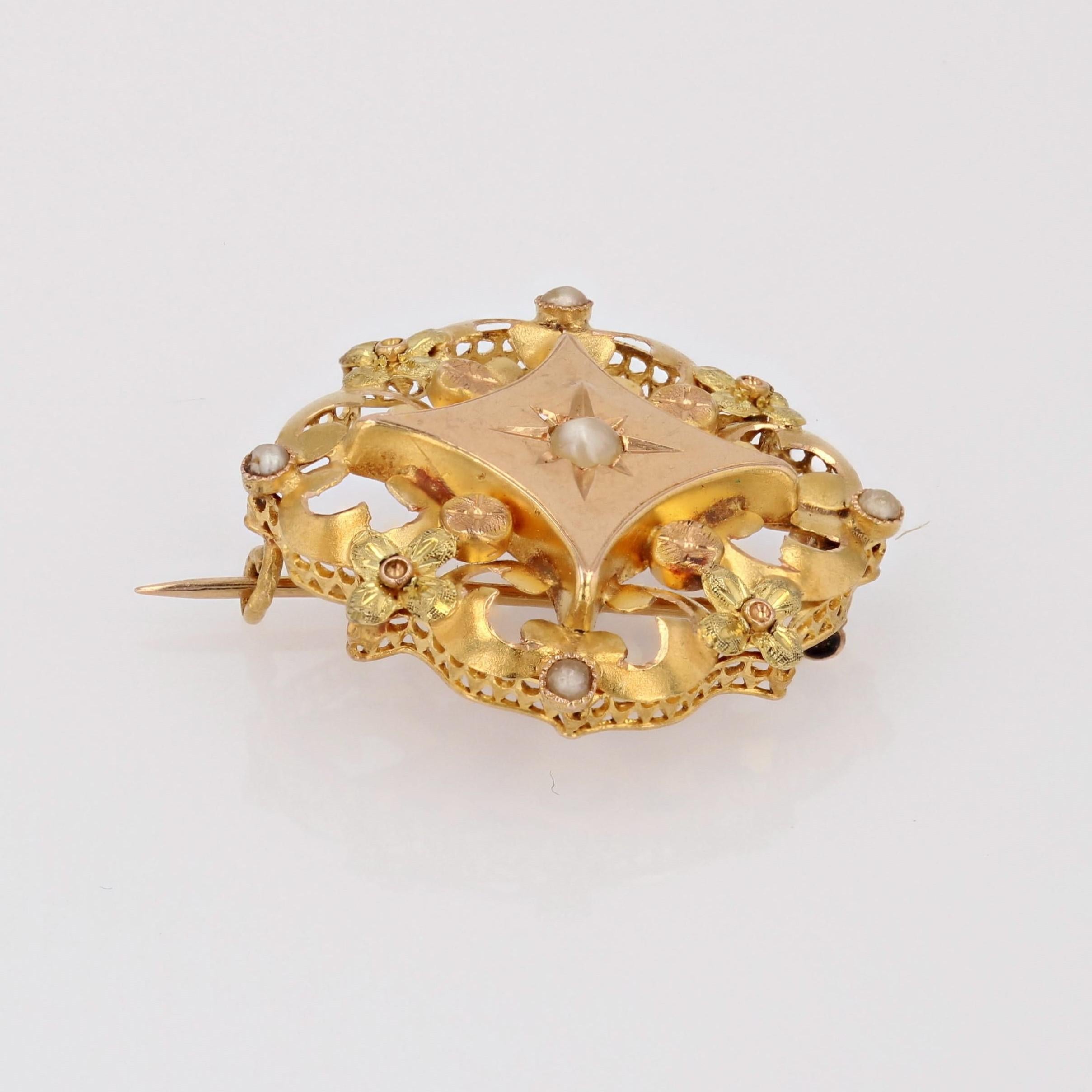 Perle Broche collier en or rose vert jaune 18 carats, perle fine, française du 20e siècle en vente