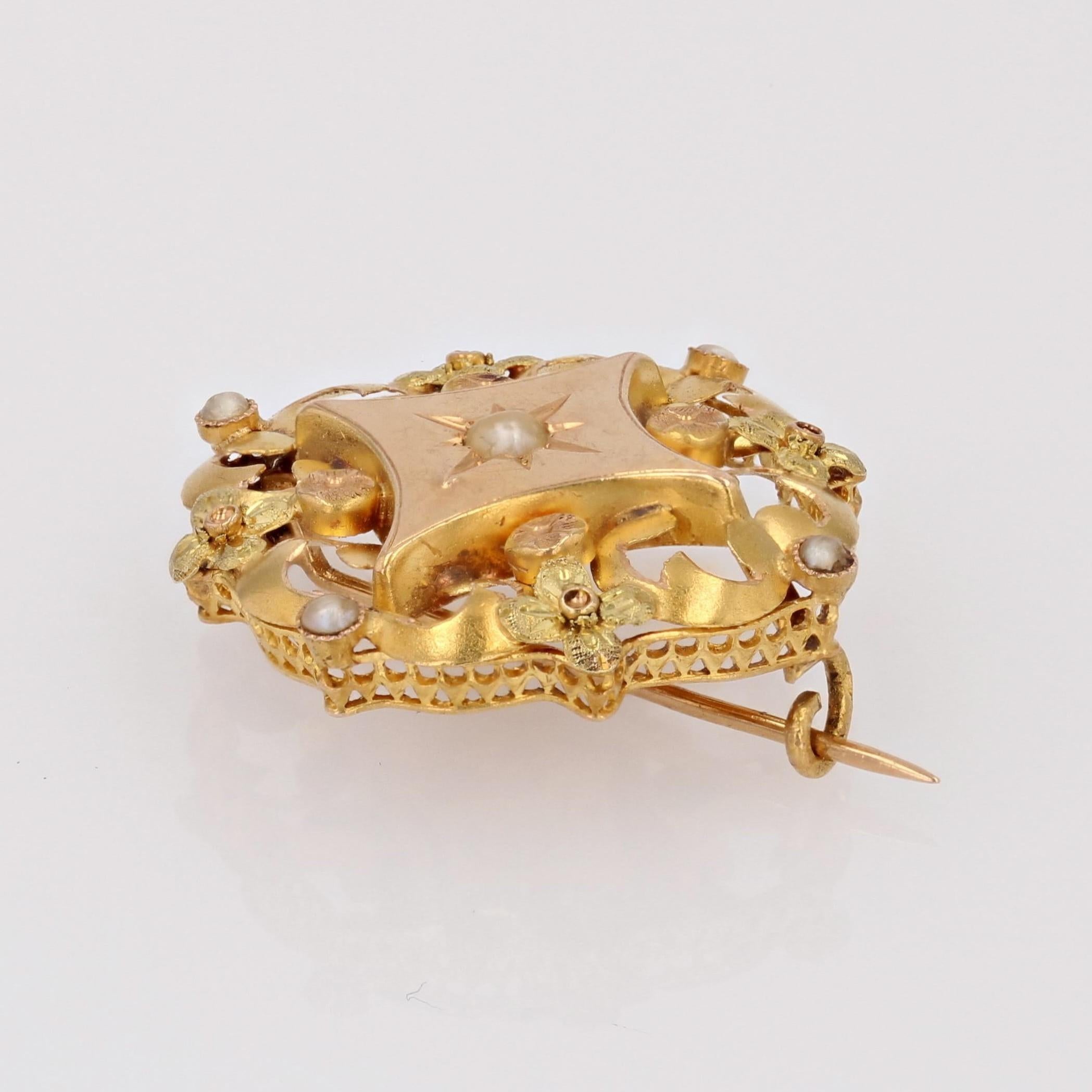 Broche collier en or rose vert jaune 18 carats, perle fine, française du 20e siècle Pour femmes en vente