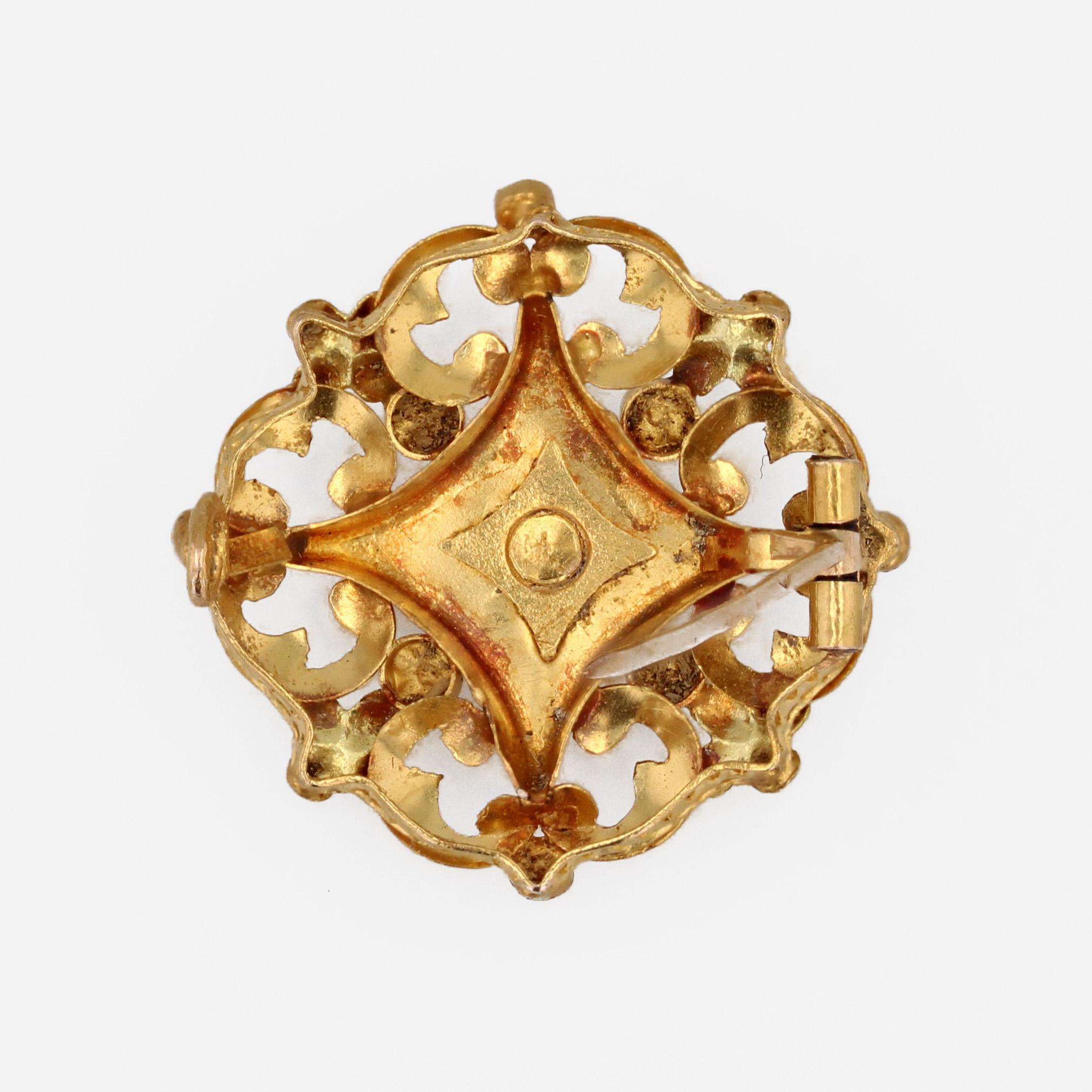 Broche collier en or rose vert jaune 18 carats, perle fine, française du 20e siècle en vente 2
