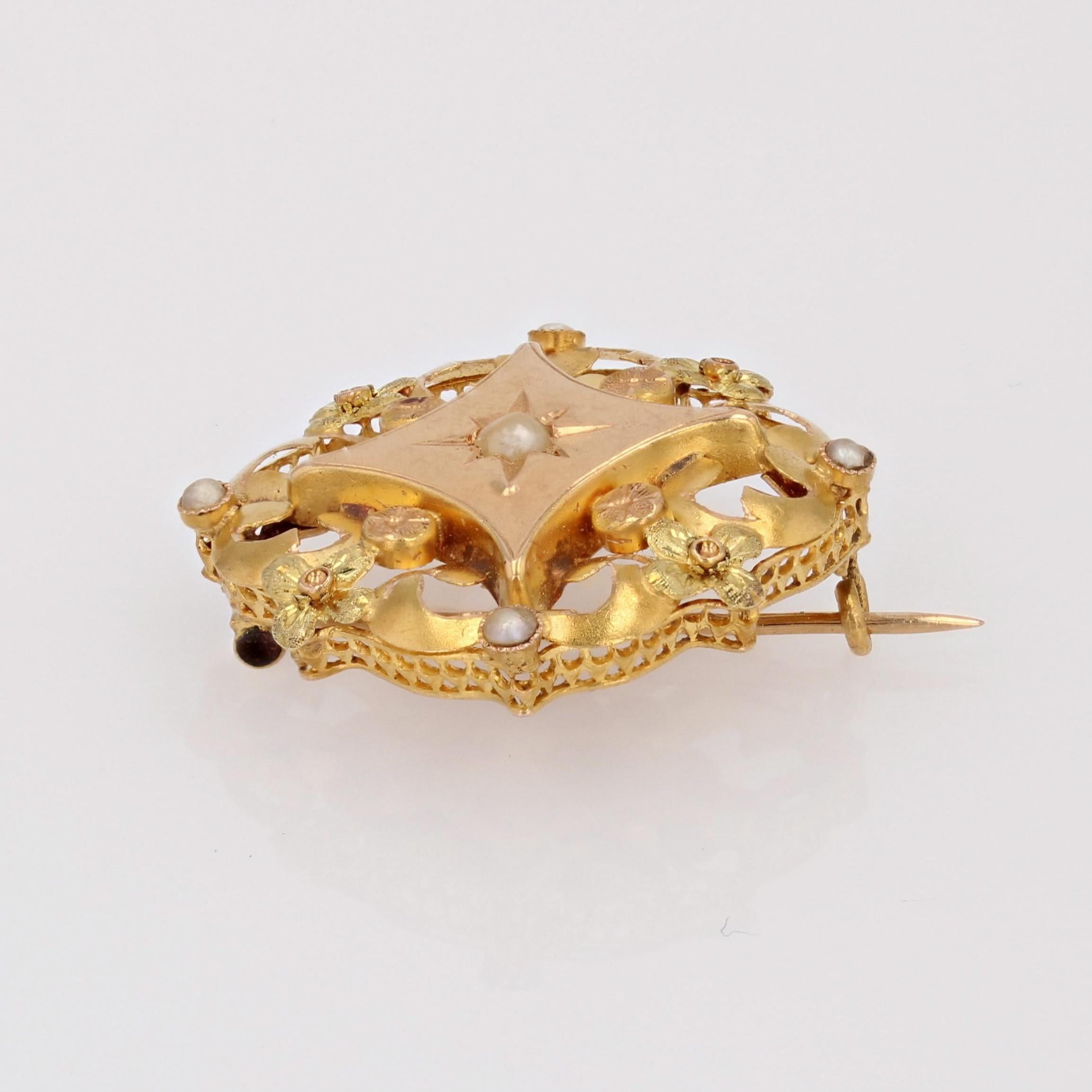 Broche collier en or rose vert jaune 18 carats, perle fine, française du 20e siècle en vente 3