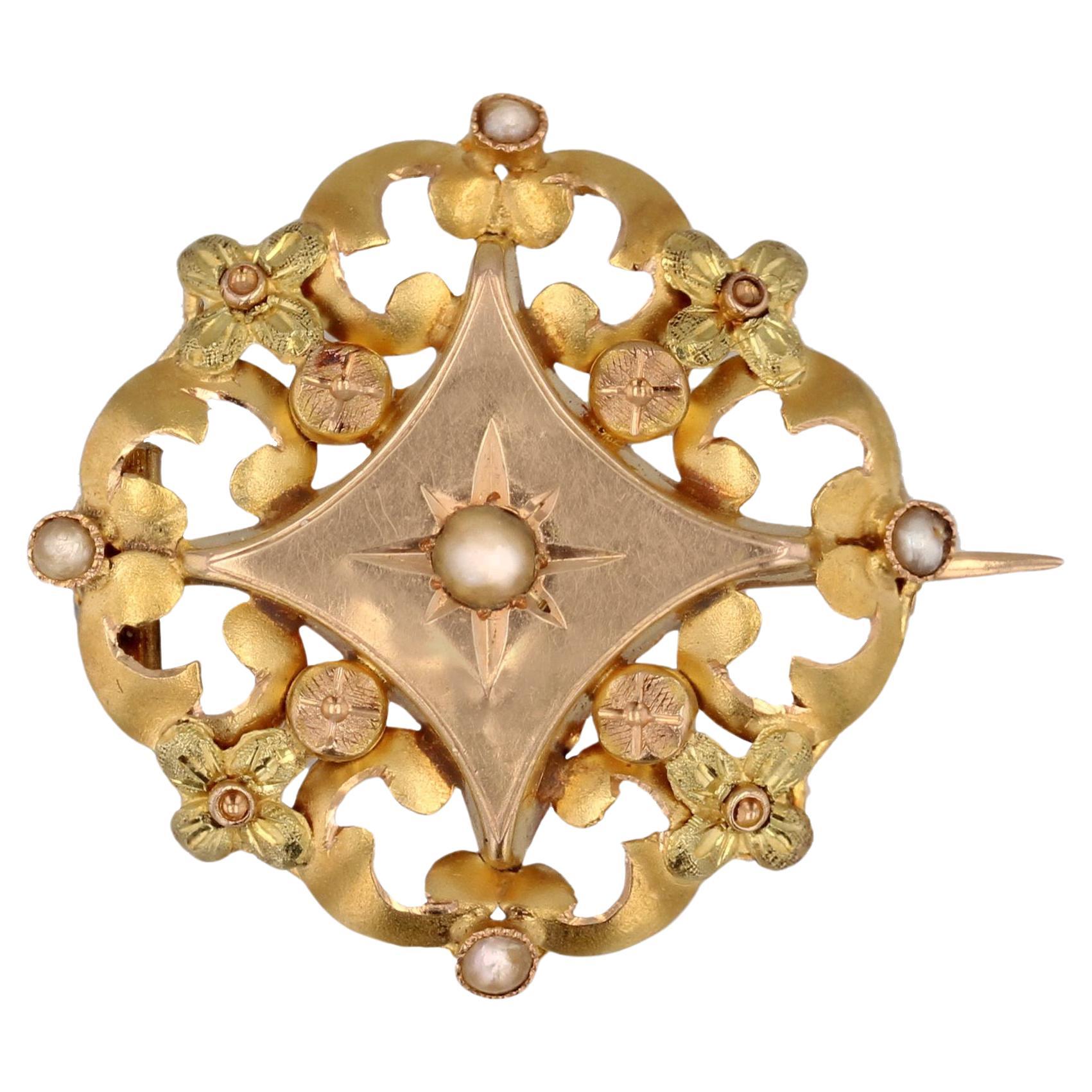Broche collier en or rose vert jaune 18 carats, perle fine, française du 20e siècle