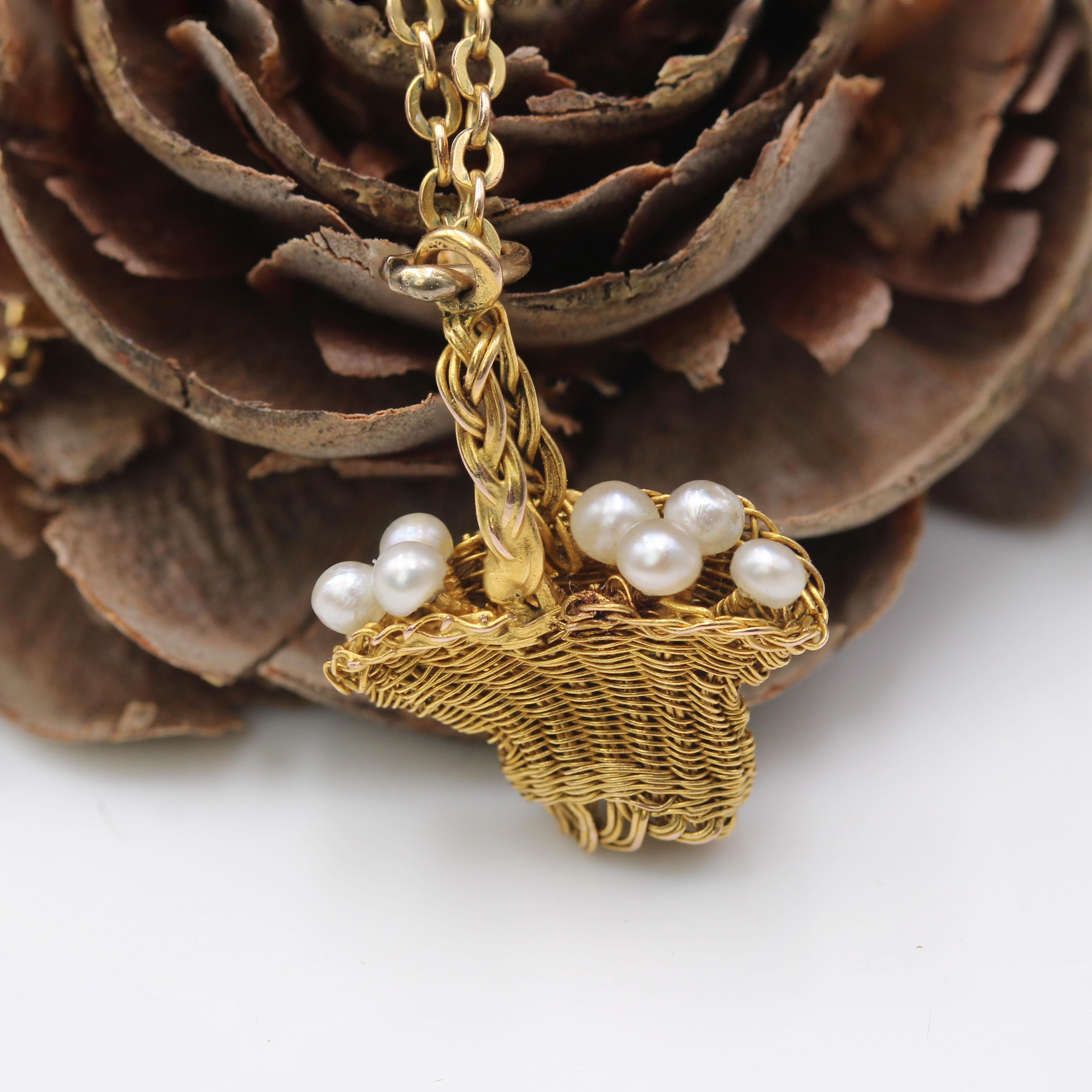 Pendentif panier français du 20ème siècle en or jaune 18 carats et perles fines en vente 6