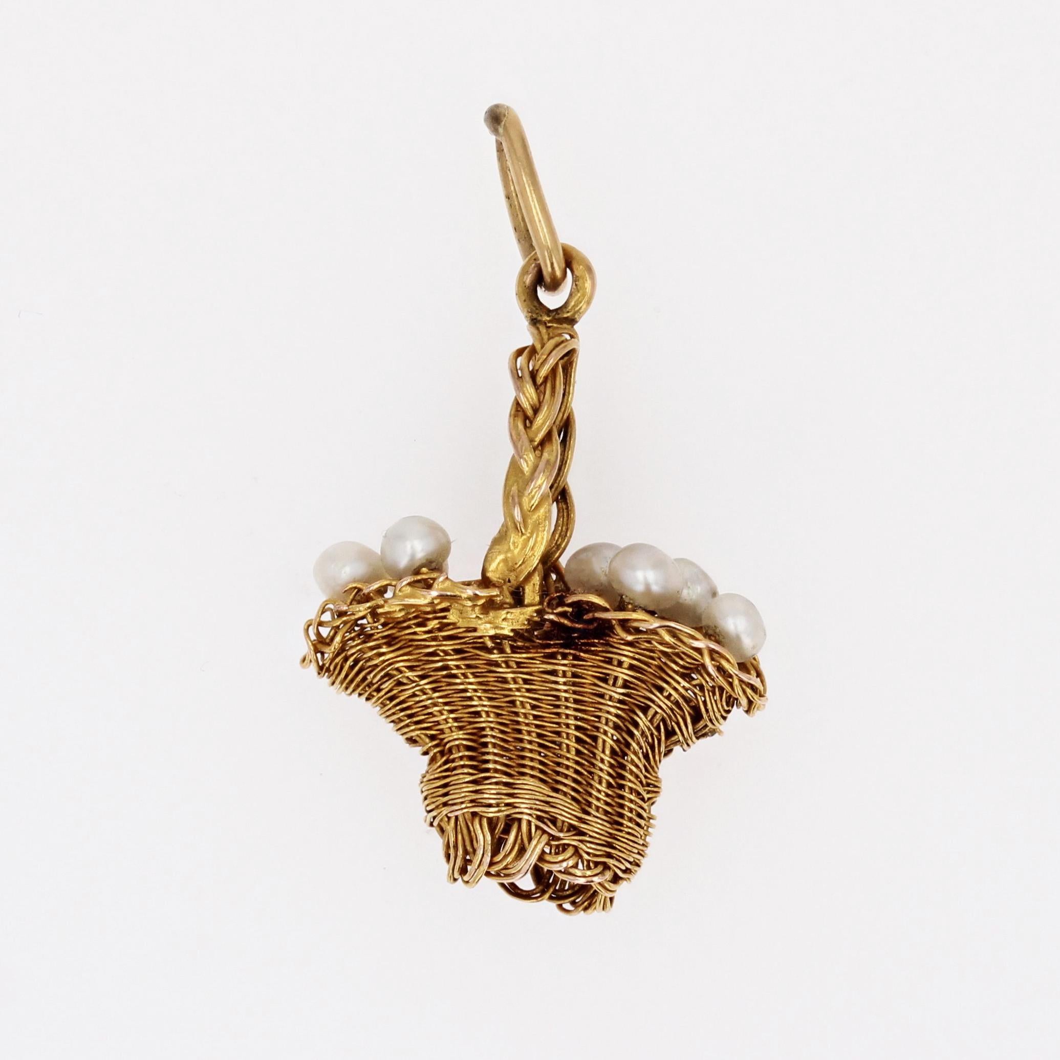 Pendentif panier français du 20ème siècle en or jaune 18 carats et perles fines en vente 8