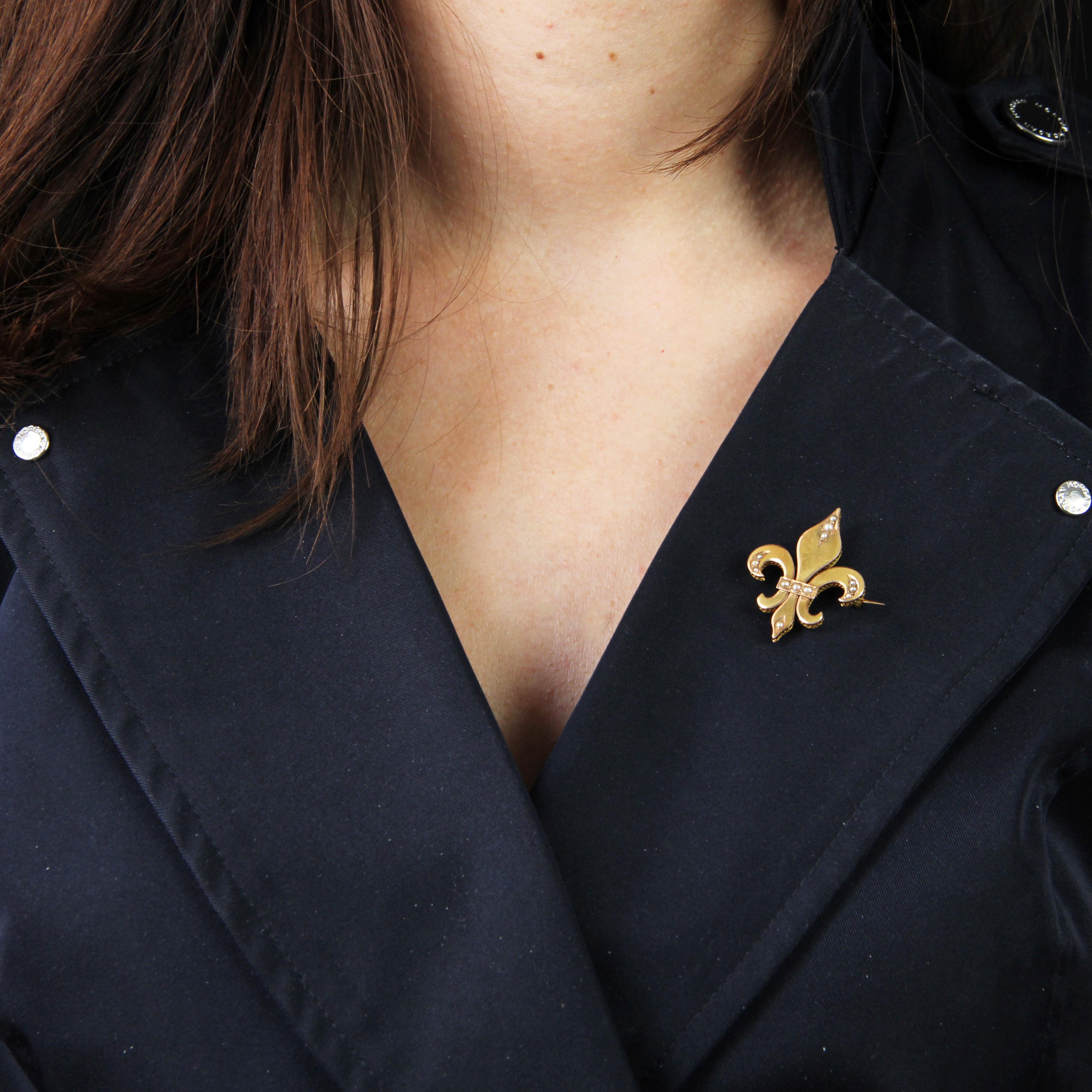 Broochin 18 karat yellow gold, eagle head hallmark.
Delightful brooch in yellow gold, representing a fleur-de-lis adorned at each end and in the center with fine half-pearls. It is fastened with a safety pin.
Height : 3,4 cm approximately, width :