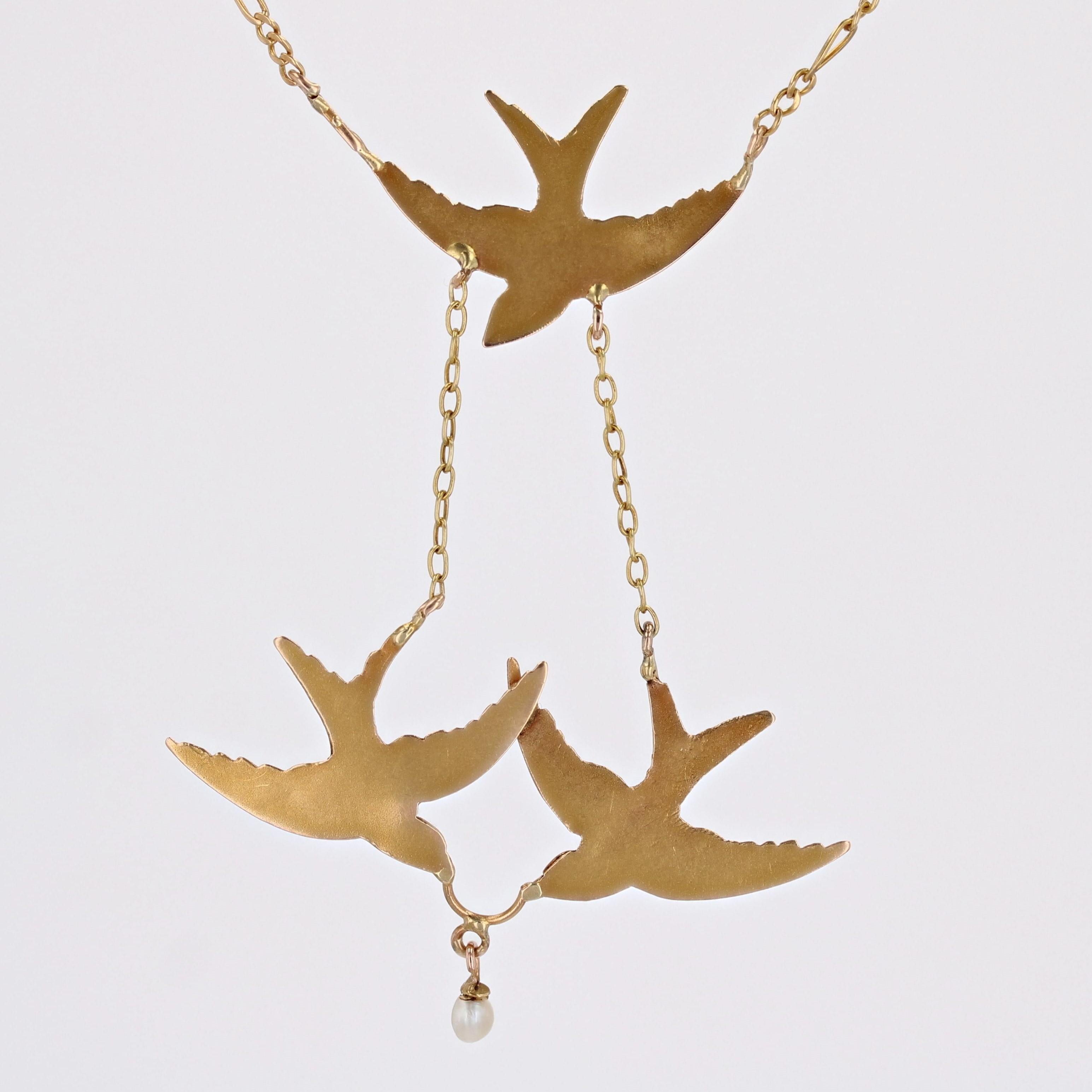 French 20th Century Fine Pearl 18 Karat Yellow Gold Swallows Necklace For Sale 7