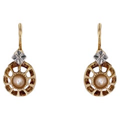 French 20th Century Fine Pearl 18 Karat Yellow White Gold Lever Back Earrings