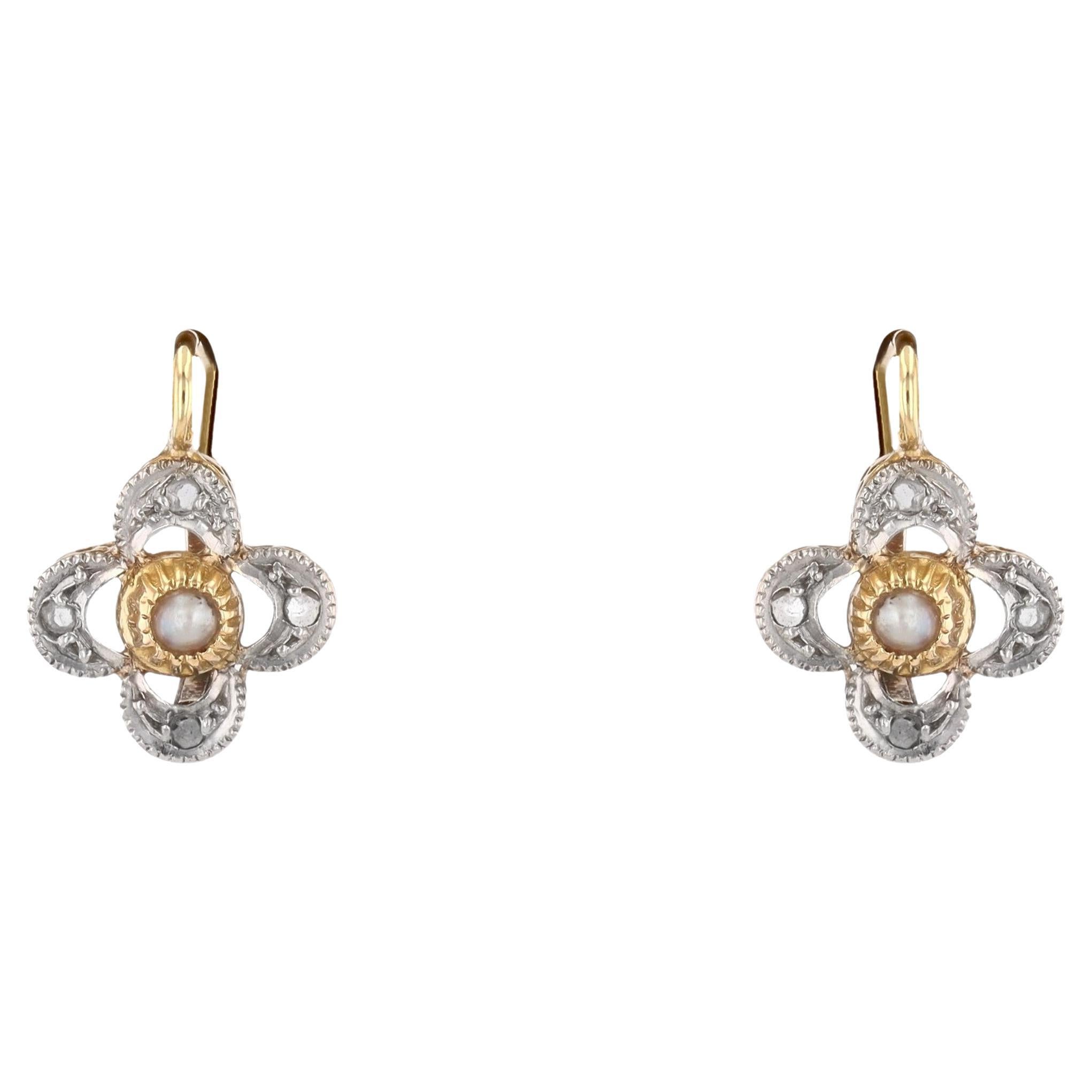 French 20th Century Fine Pearl Diamond 18 K Rose Gold LeverBack Clover Earrings