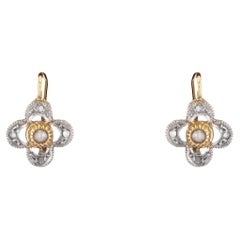 French 20th Century Fine Pearl Diamond 18 K Rose Gold LeverBack Clover Earrings
