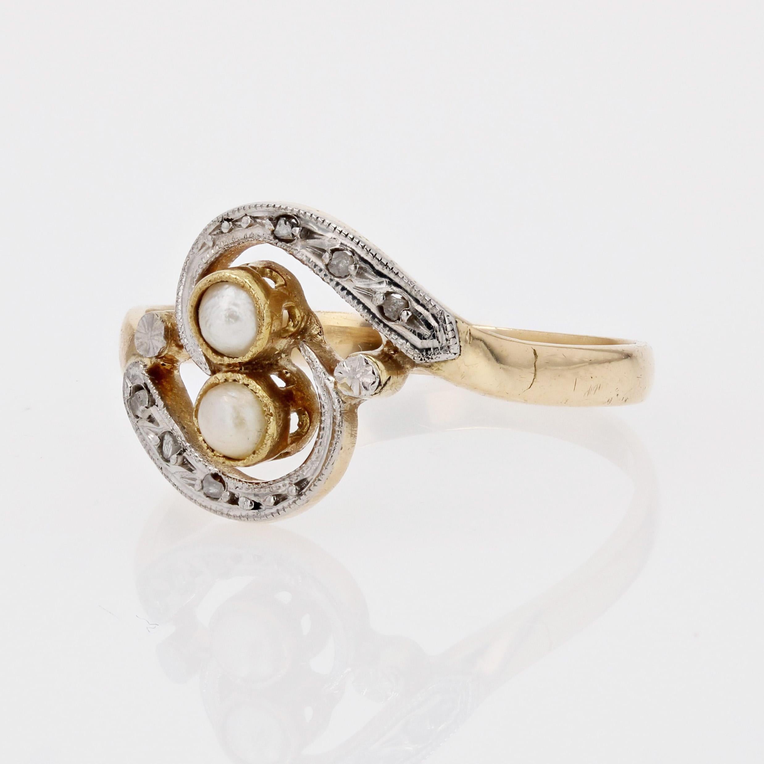 Belle Époque French 20th Century Fine Pearl Diamond 18 Karat Yellow Gold You and Me Ring