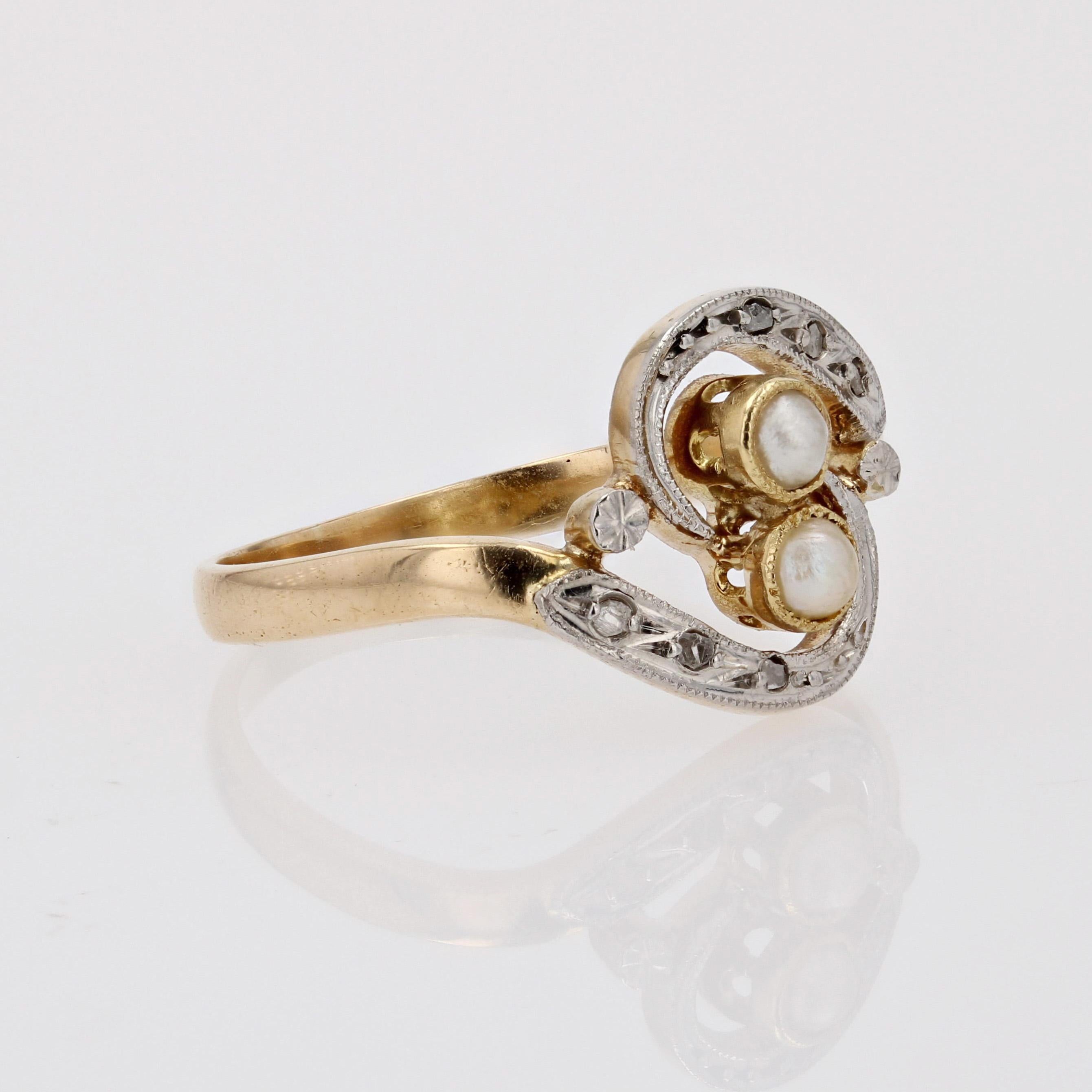 Rose Cut French 20th Century Fine Pearl Diamond 18 Karat Yellow Gold You and Me Ring