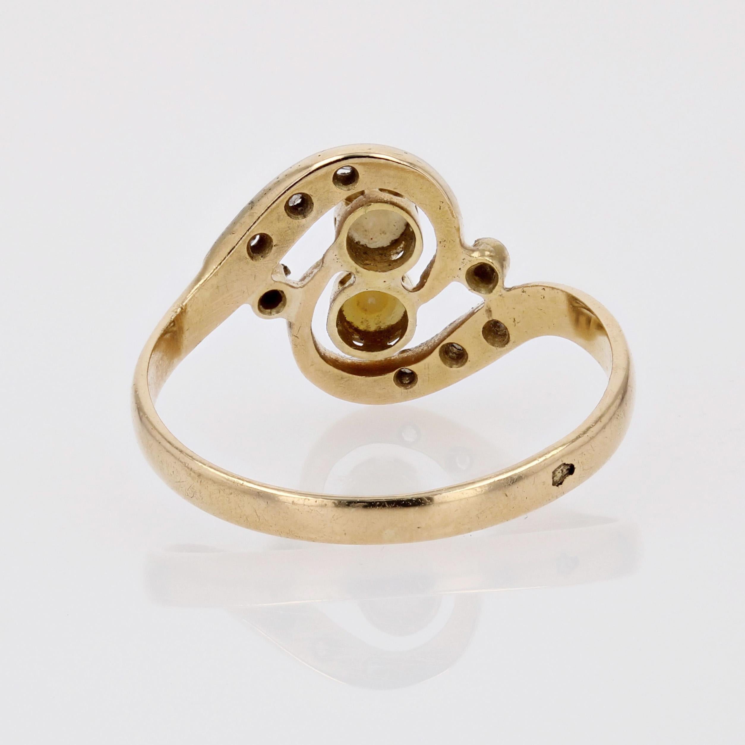 Women's French 20th Century Fine Pearl Diamond 18 Karat Yellow Gold You and Me Ring