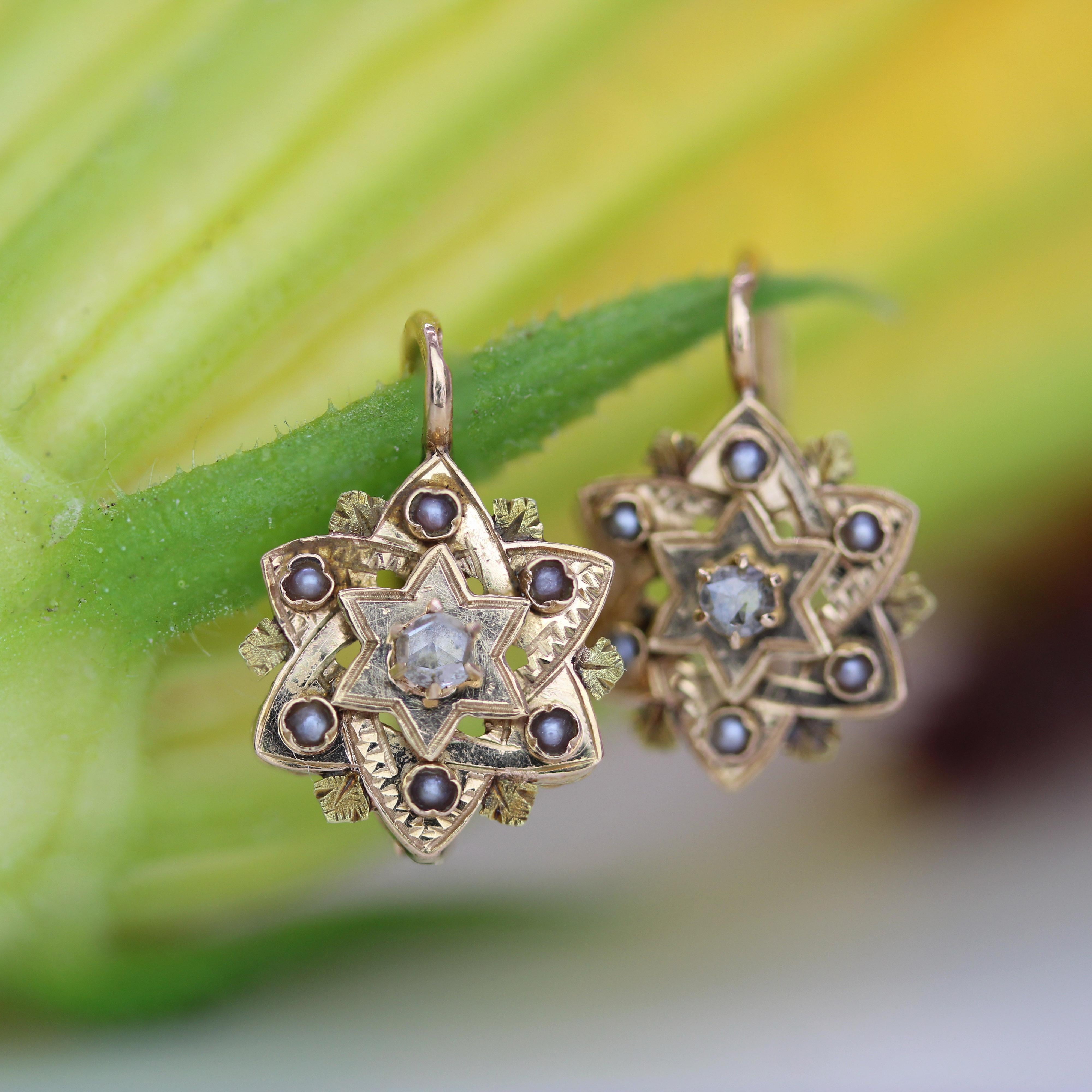 Belle Époque Orecchini francesi del XX secolo con diamanti e perle fini in oro rosa 18 K. in vendita