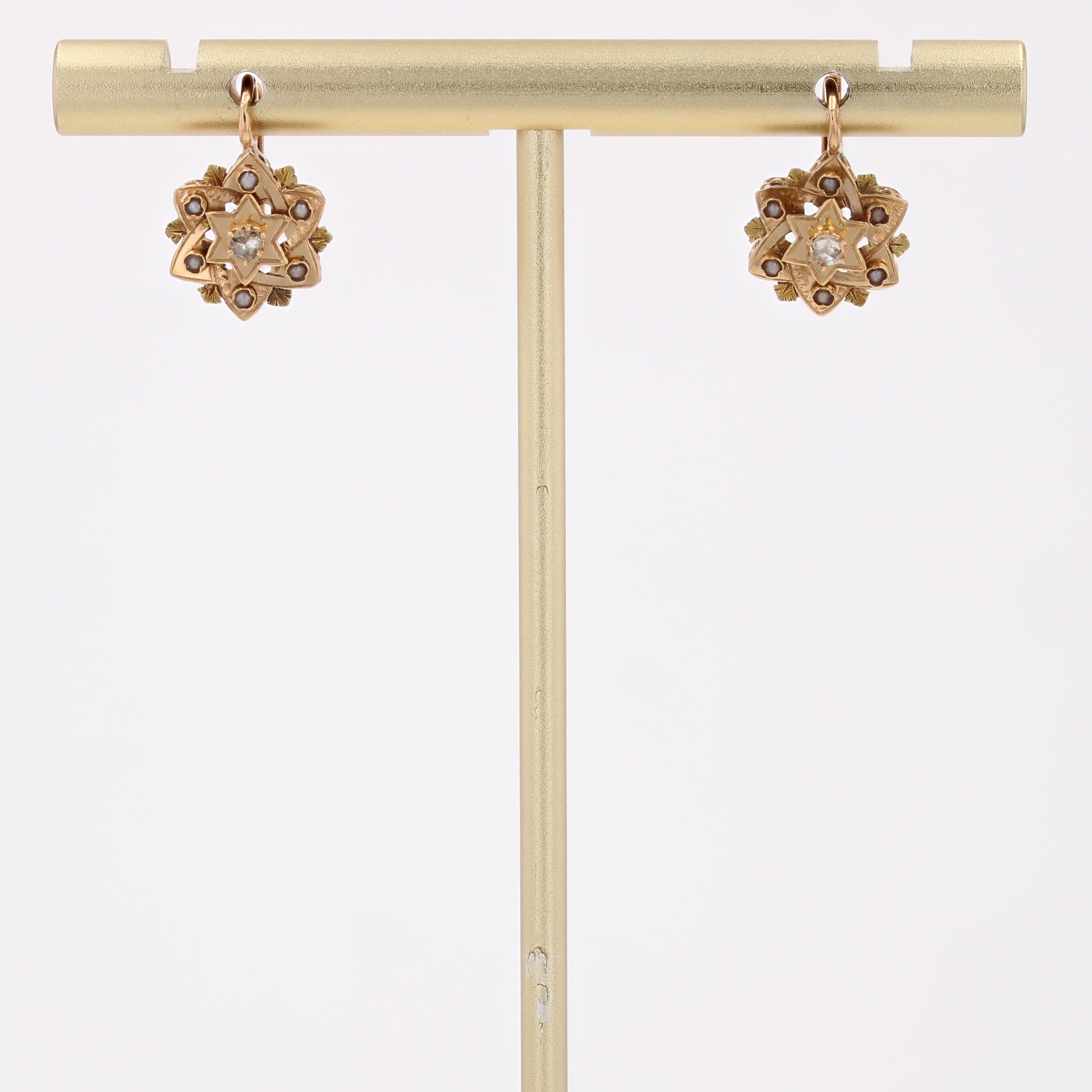 Taglio a rosa Orecchini francesi del XX secolo con diamanti e perle fini in oro rosa 18 K. in vendita