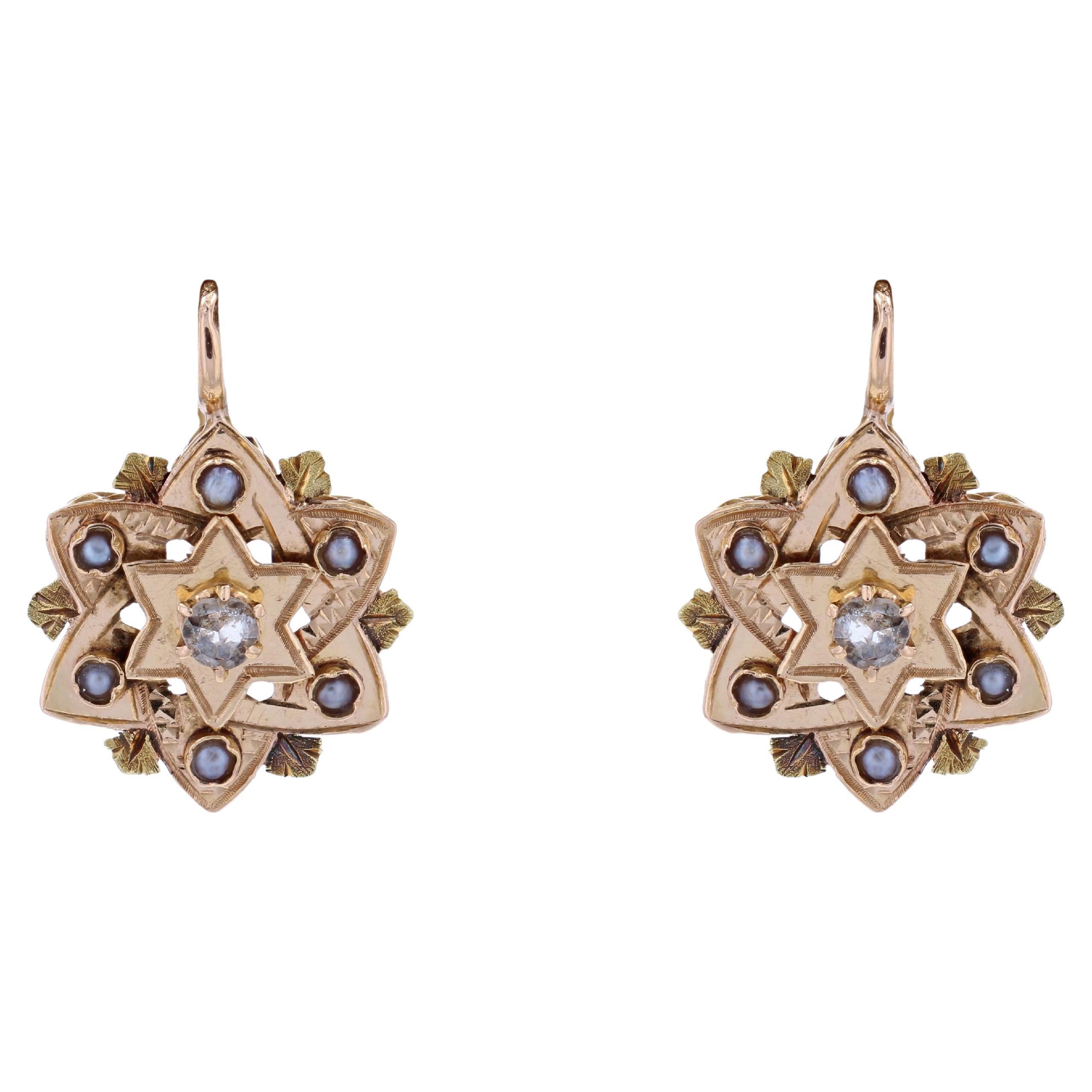 Orecchini francesi del XX secolo con diamanti e perle fini in oro rosa 18 K.