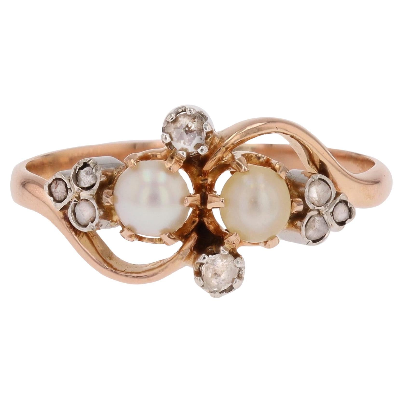 Französischer Ring aus 18 Karat Roségold mit Perlen und Diamanten des 20.