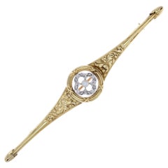 French 20th Century Fine Pearl Diamonds 18 Karat Yellow Gold Bar Brooch