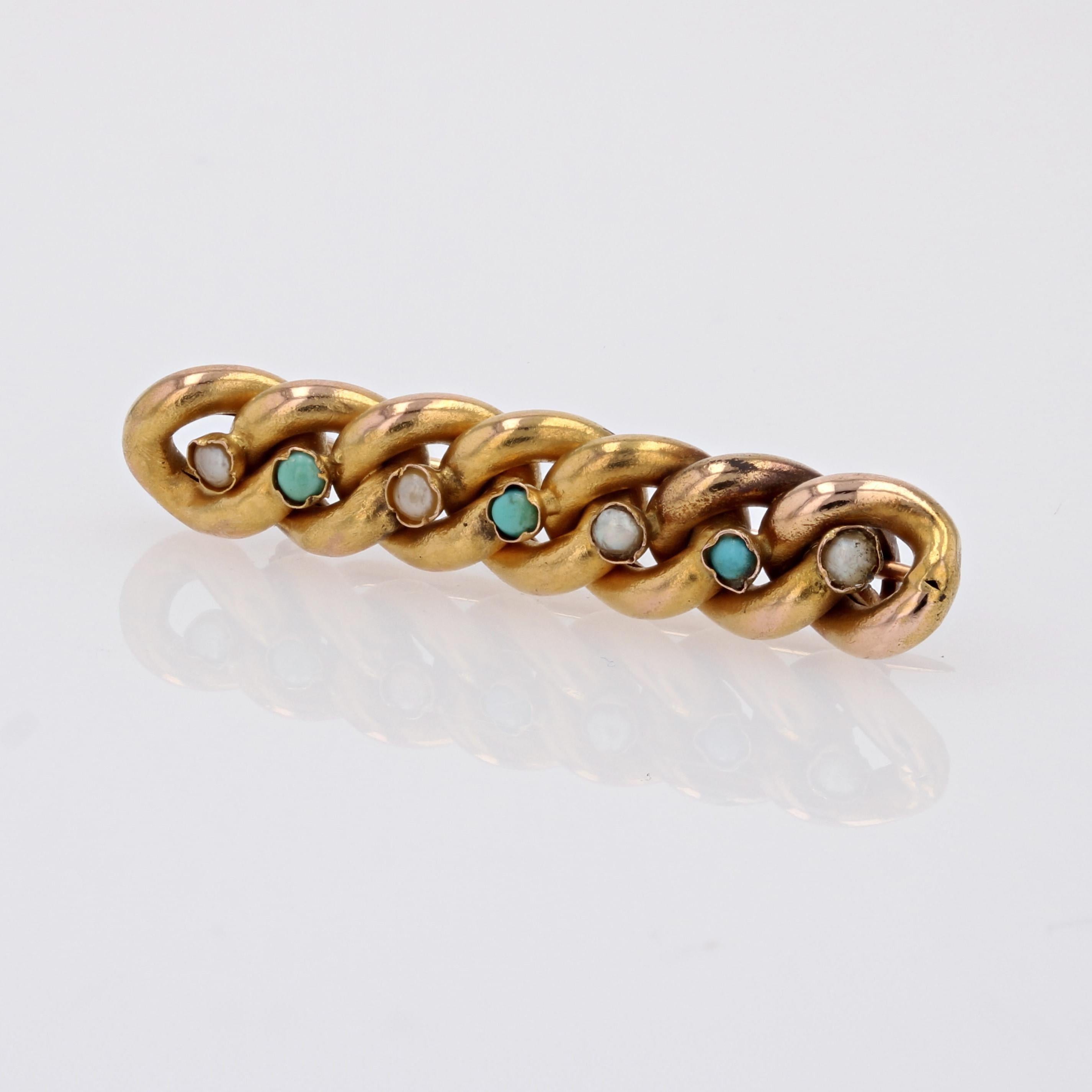 Belle Époque French 20th Century Fine Pearl Turquoise glass 18 Karat Yellow Gold Brooch For Sale