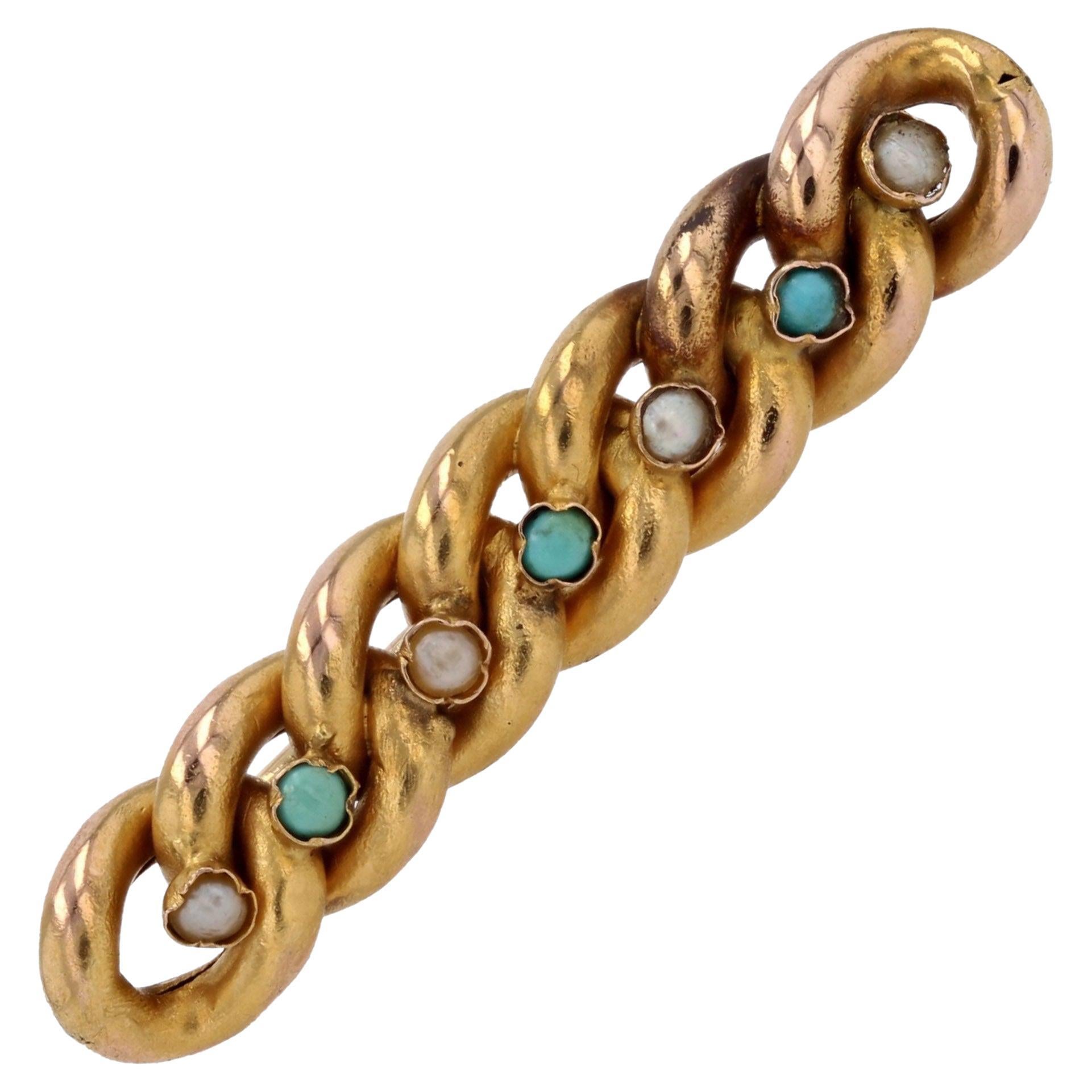 French 20th Century Fine Pearl Turquoise glass 18 Karat Yellow Gold Brooch For Sale