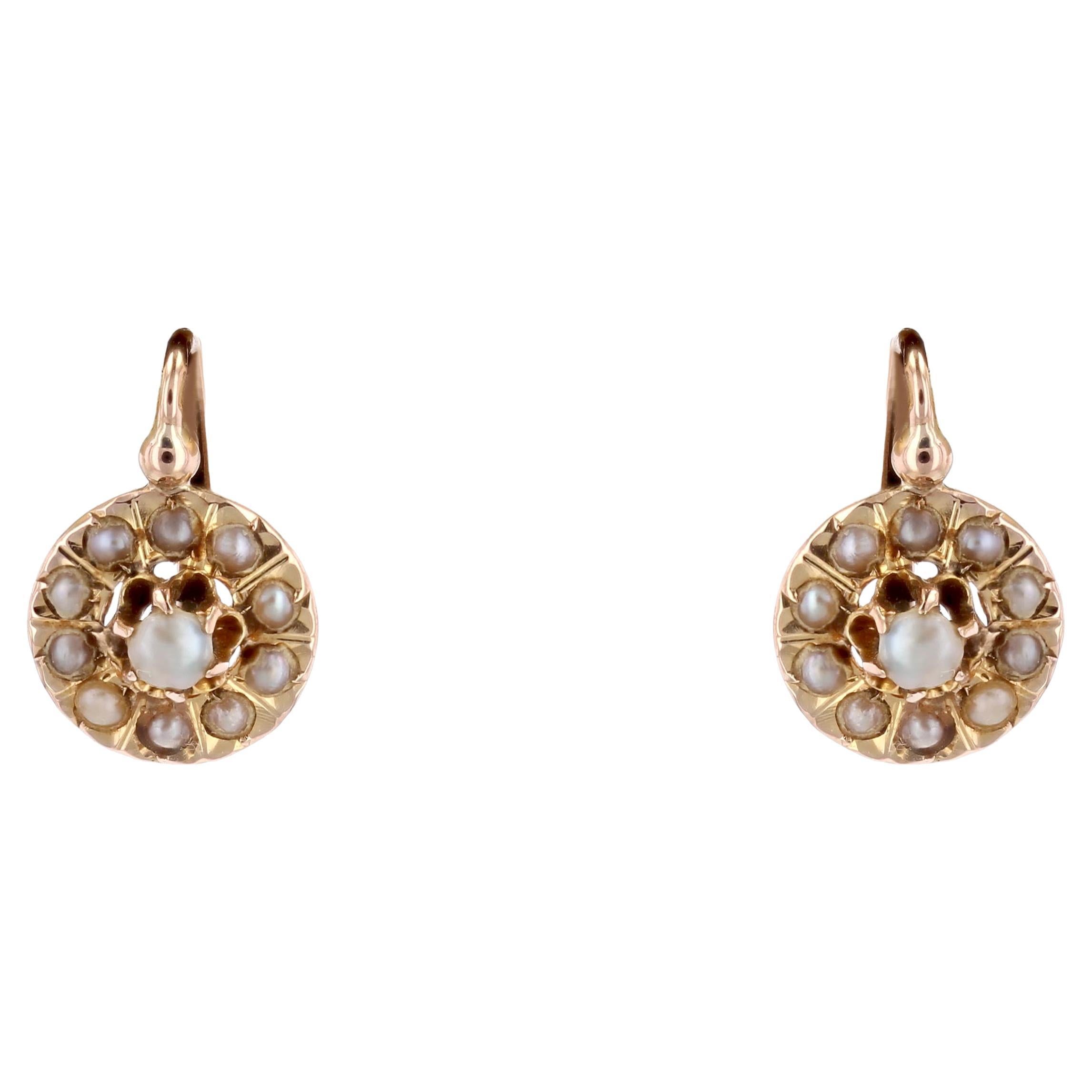 Pendientes de palanca de oro rosa de 18 quilates con perlas finas francesas del siglo XX en venta