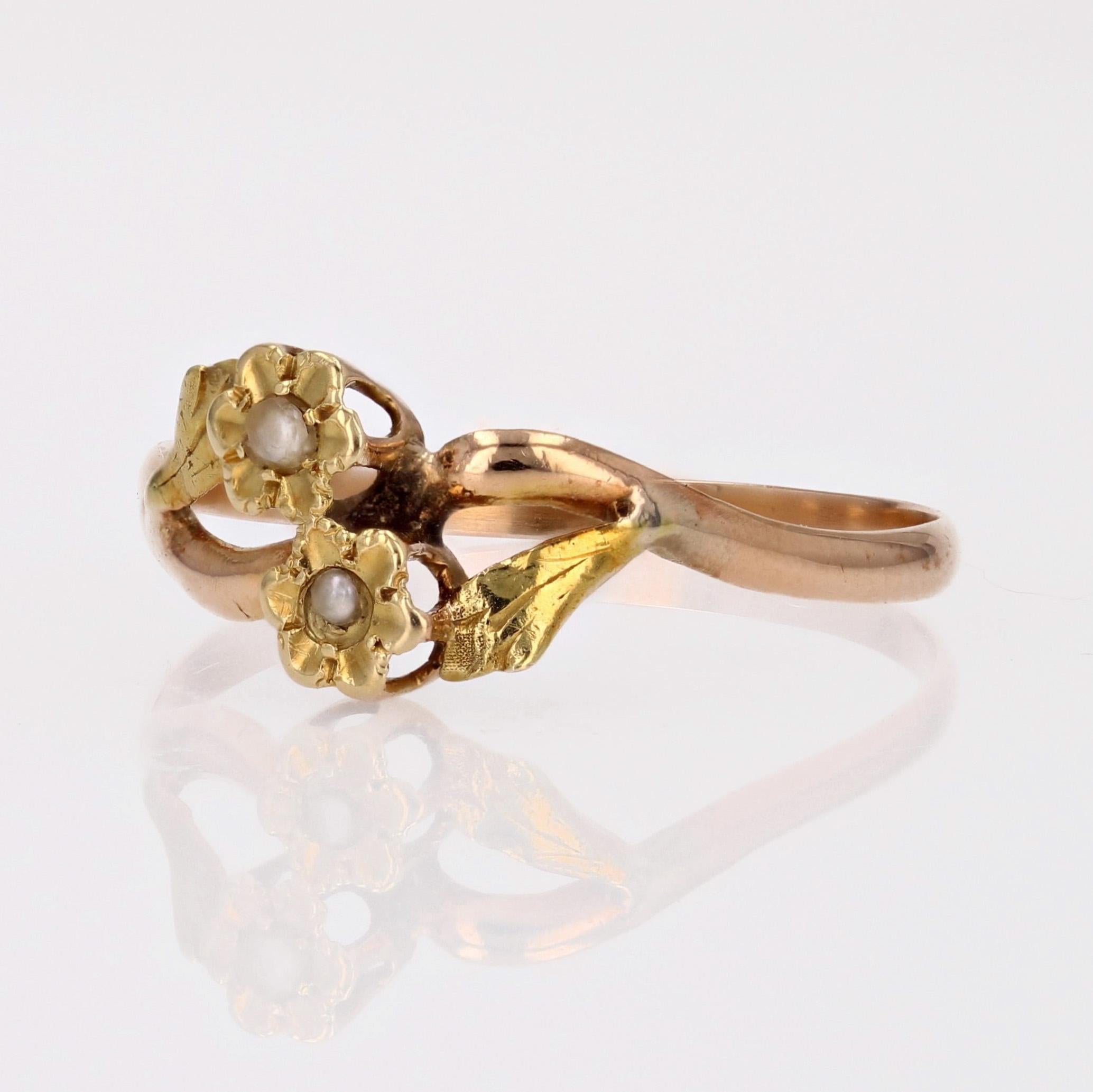 Französischer Ring mit feinen Perlen des 20. Jahrhunderts aus 18 Karat gelbem Roségold You and Me (Belle Époque) im Angebot