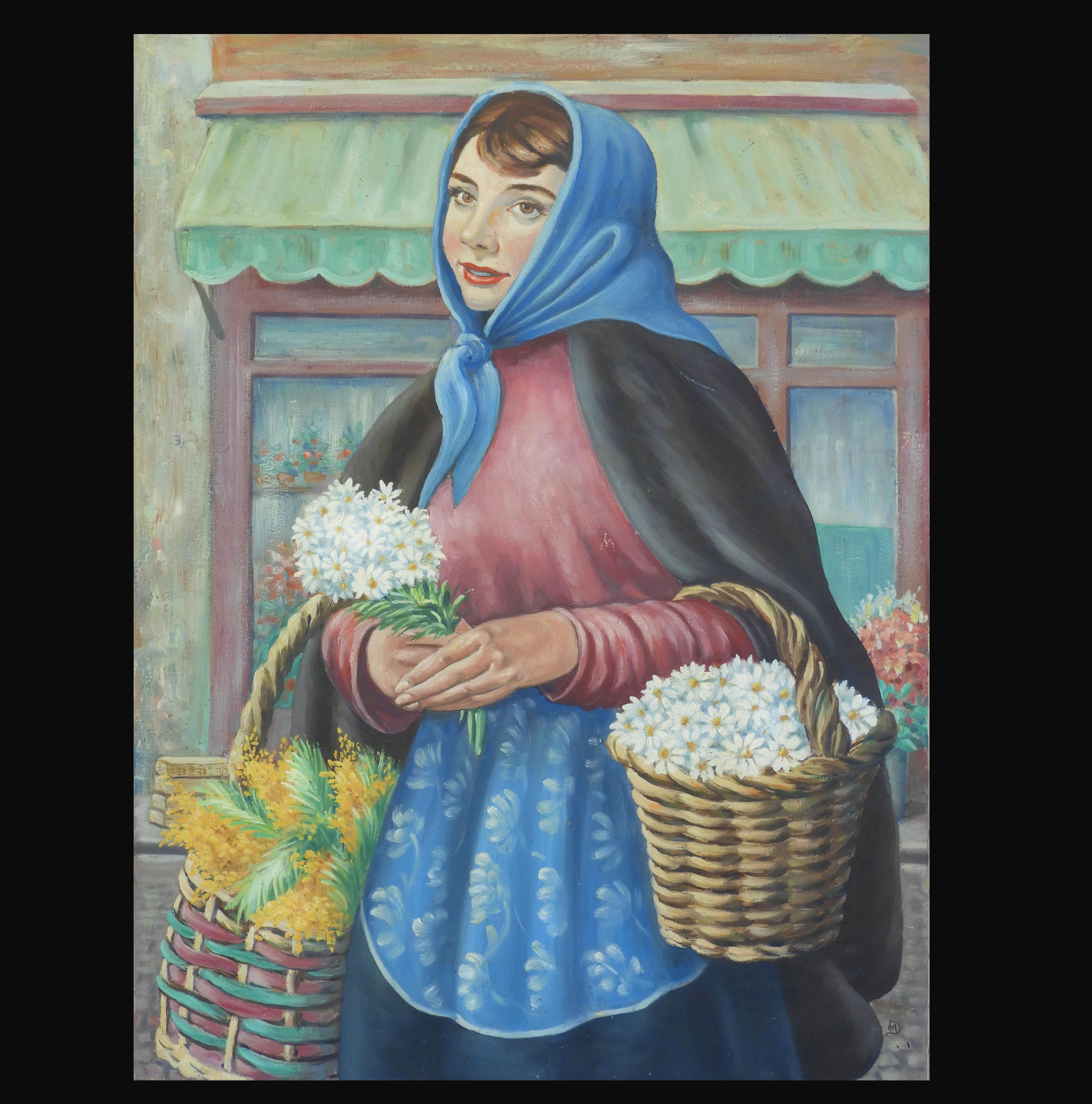 Delightful French naive portrait of a young woman selling flowers, oil on canvas, circa 1950.

Charming well executed painting by unknown French Artist.

Large canvas, with well-preserved vibrant colours, monogrammed, unframed and in good