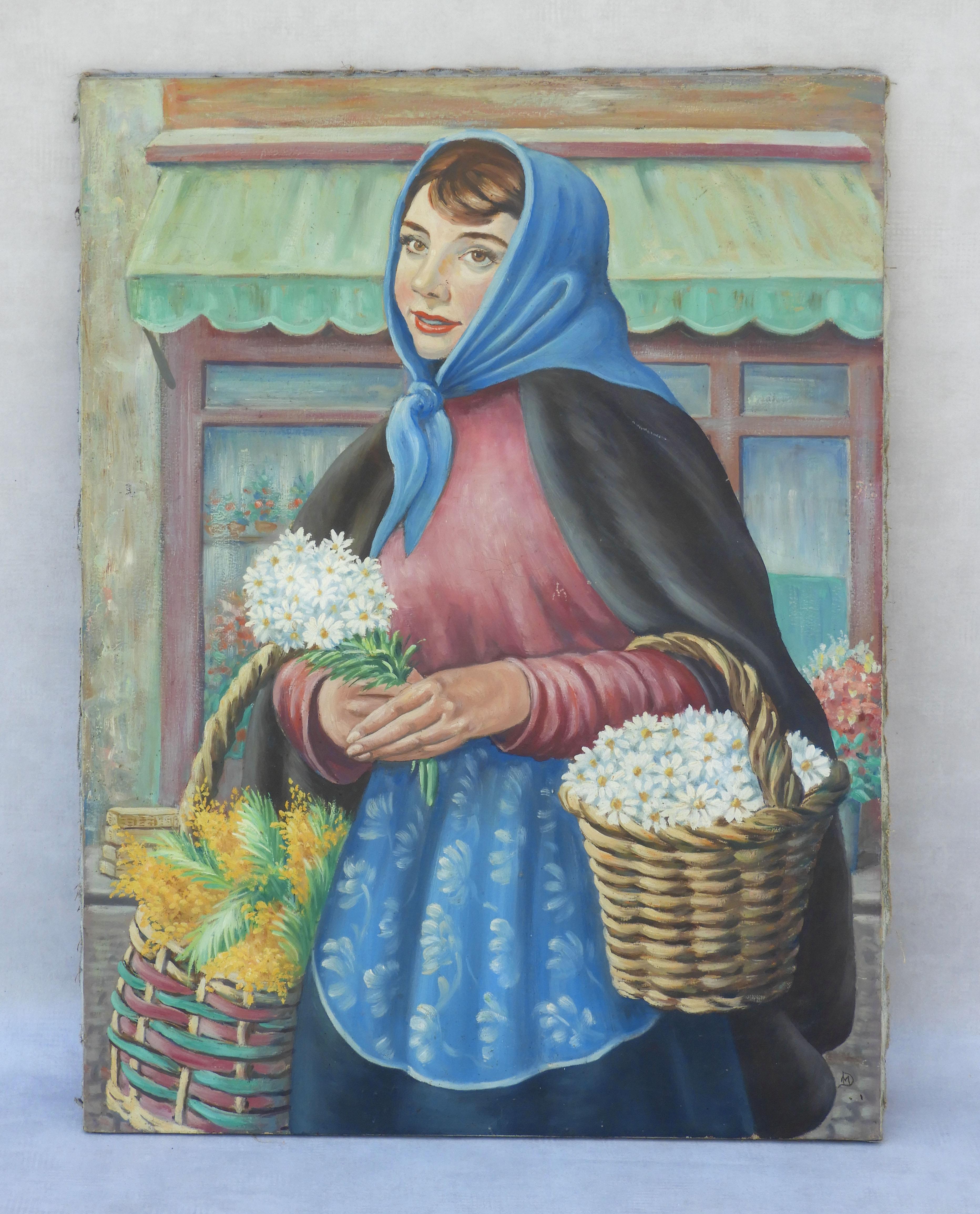 Canvas French 20th Century Folk Art Painting Portrait of a Young Woman FREE SHIPPING